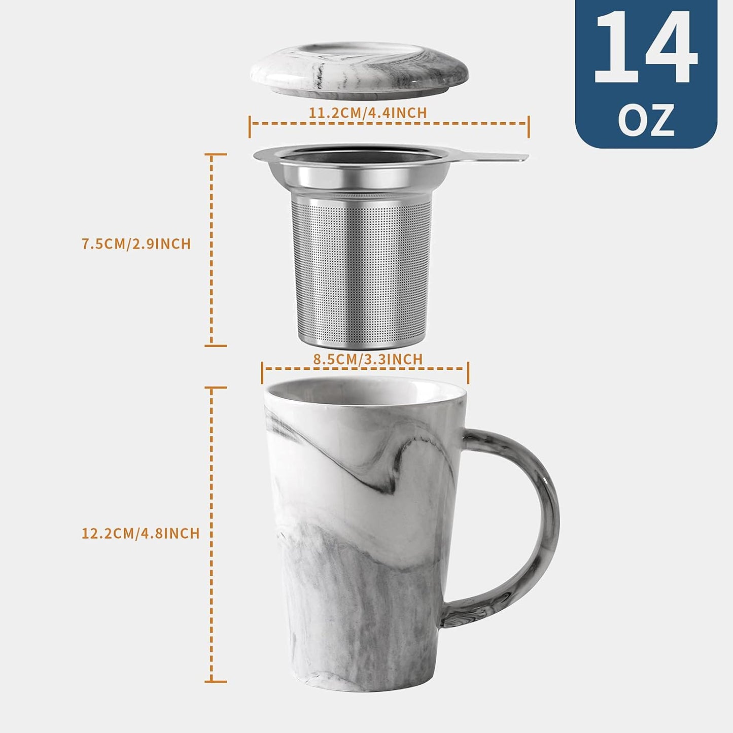 14oz Marble Ceramic Tea Mug | With Stainless Steel Infuser & Ceramic Lid | Elegant Stone Pattern Mug for Office & Home