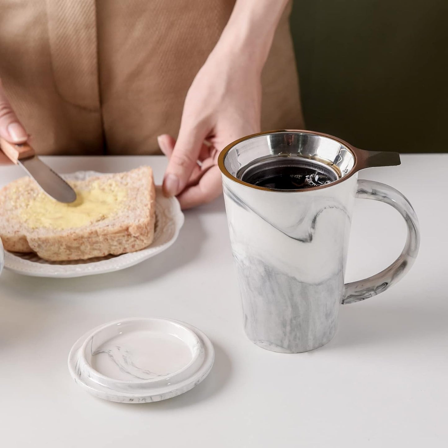 14oz Marble Ceramic Tea Mug | With Stainless Steel Infuser & Ceramic Lid | Elegant Stone Pattern Mug for Office & Home