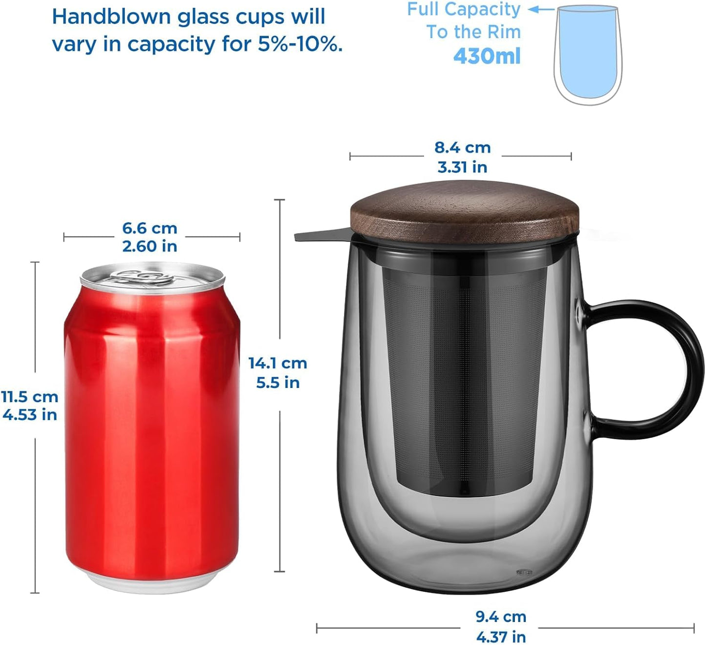430ml Hand-Blown Glass Tea Mug | With Stainless Steel Infuser & Wooden Lid | Modern Minimalist Large Capacity Heat-Resistant Cup for Home & Office