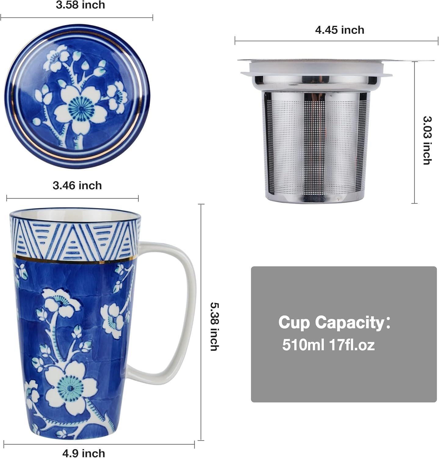 【Blue & White Floral Ceramic Tea Mug】17oz Large Tea Cup with Lid & Stainless Steel Infuser | Elegant Oriental Style
