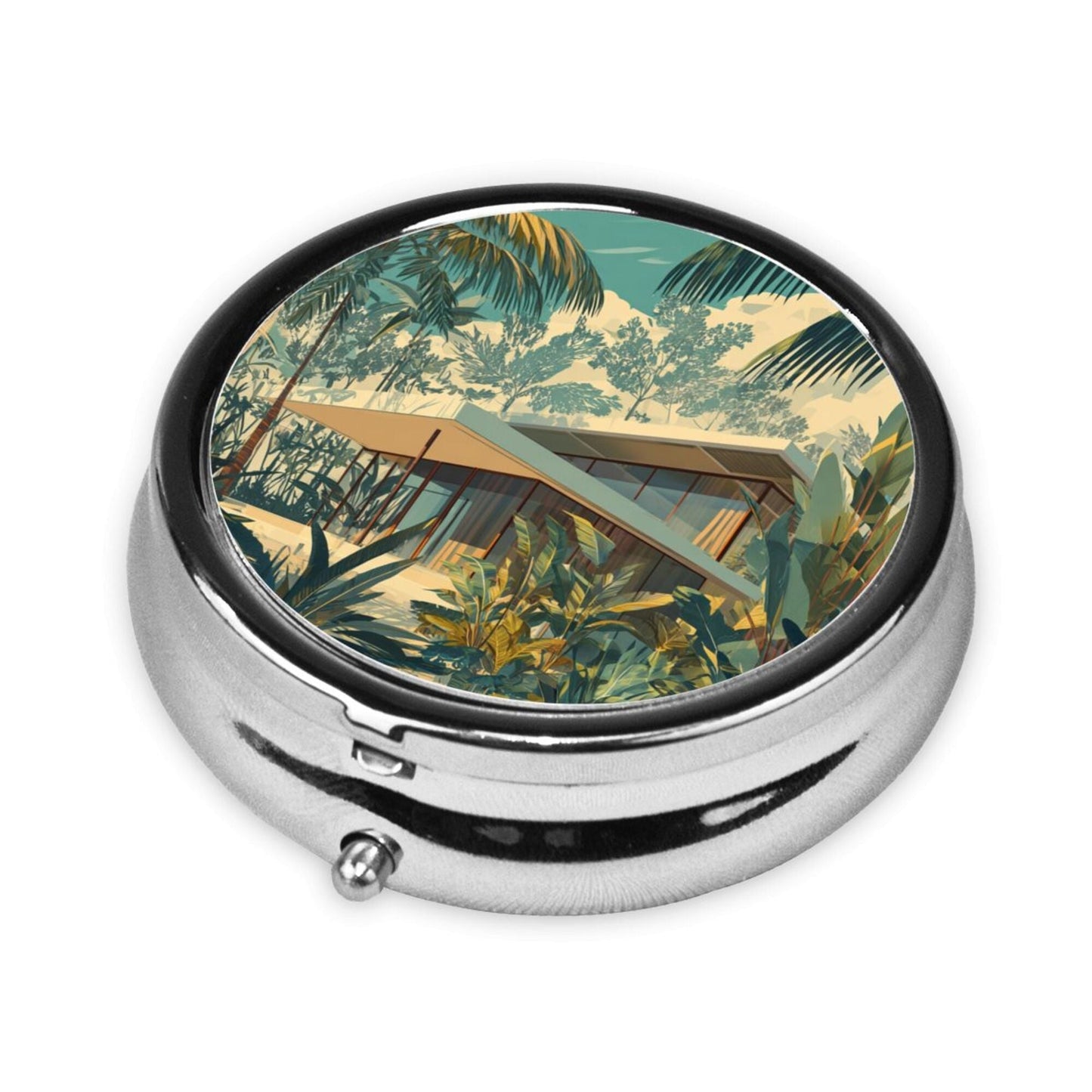 Round Mini Pill Box | Portable Metal Medicine Organizer | 3-Compartment Storage | Tropical Jungle Art Style Cover | Ideal for Daily Carry, Business Travel, and Gift Giving