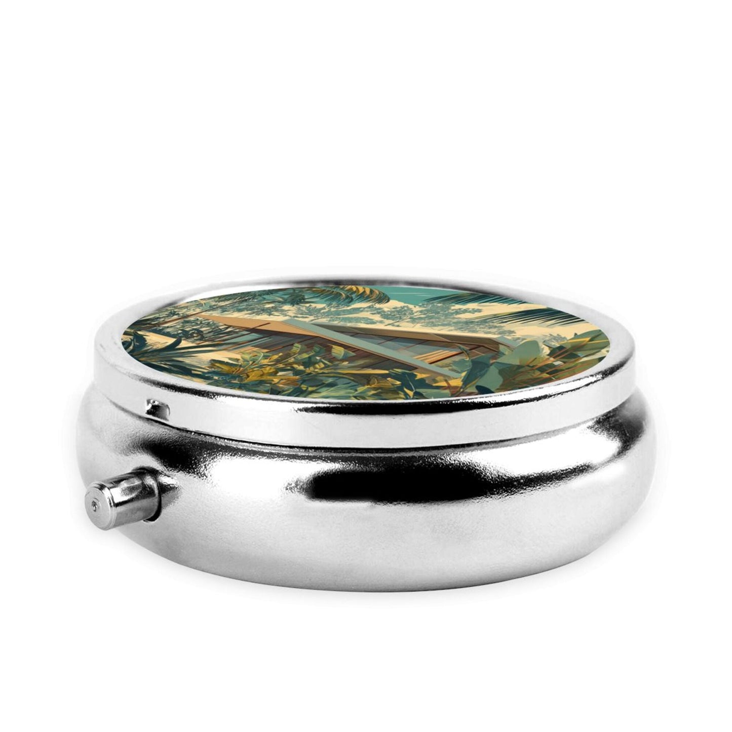 Round Mini Pill Box | Portable Metal Medicine Organizer | 3-Compartment Storage | Tropical Jungle Art Style Cover | Ideal for Daily Carry, Business Travel, and Gift Giving
