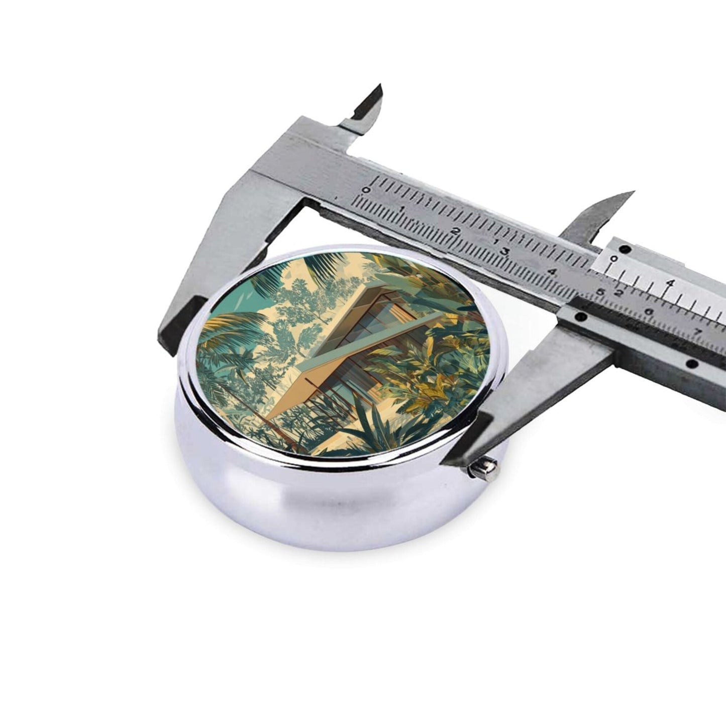 Round Mini Pill Box | Portable Metal Medicine Organizer | 3-Compartment Storage | Tropical Jungle Art Style Cover | Ideal for Daily Carry, Business Travel, and Gift Giving