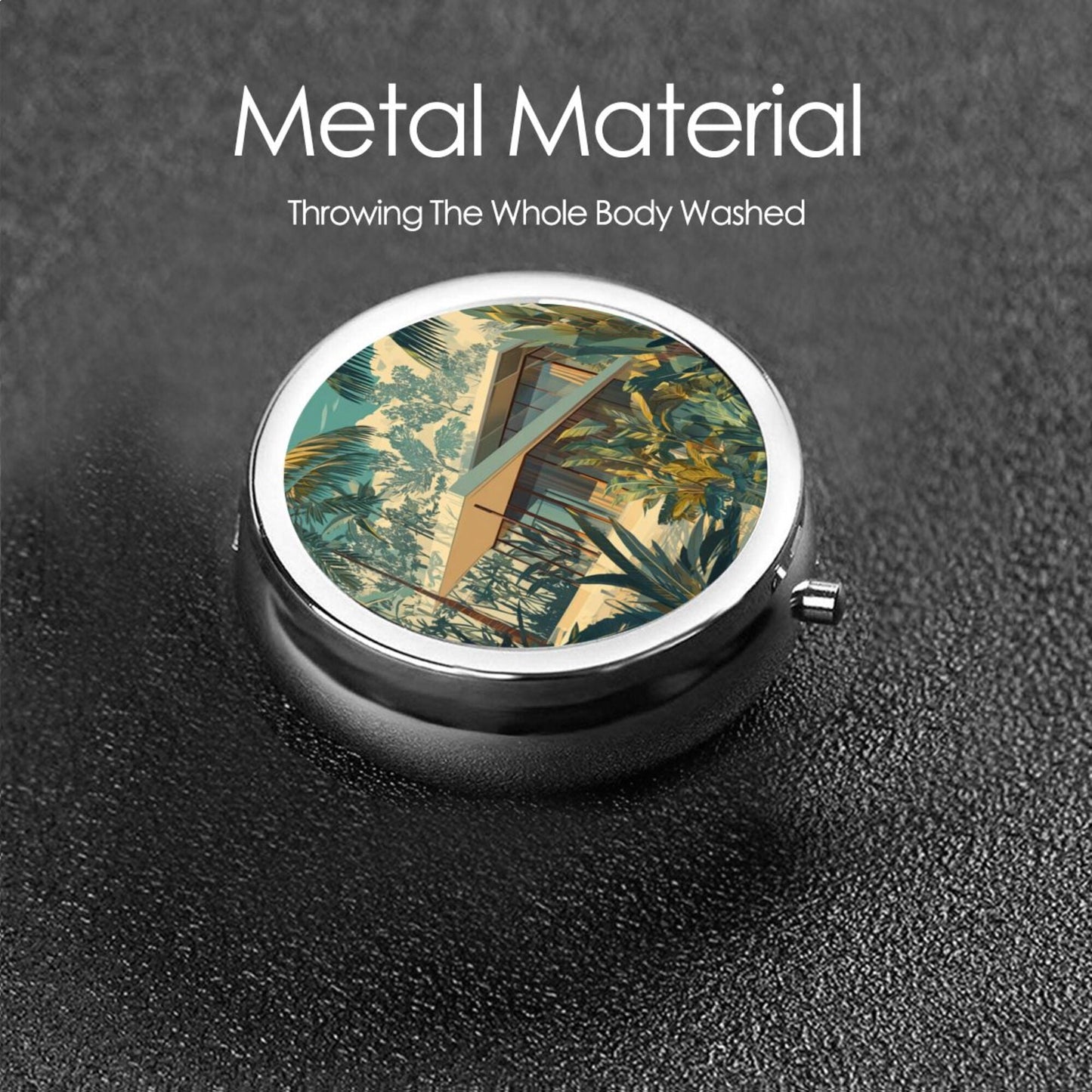 Round Mini Pill Box | Portable Metal Medicine Organizer | 3-Compartment Storage | Tropical Jungle Art Style Cover | Ideal for Daily Carry, Business Travel, and Gift Giving