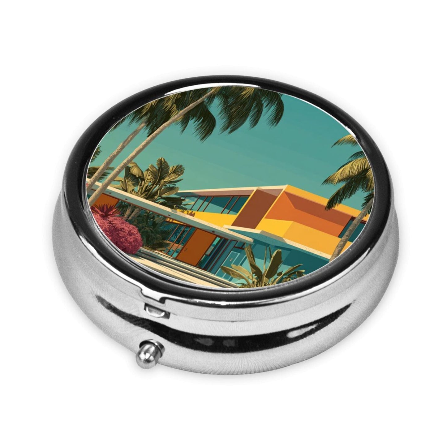 Premium Round Mini Pill Box | Portable Metal Medicine Organizer | 3-Compartment Storage | Tropical Vacation Style Cover | Perfect for Daily Carry, Travel, and Gift Giving