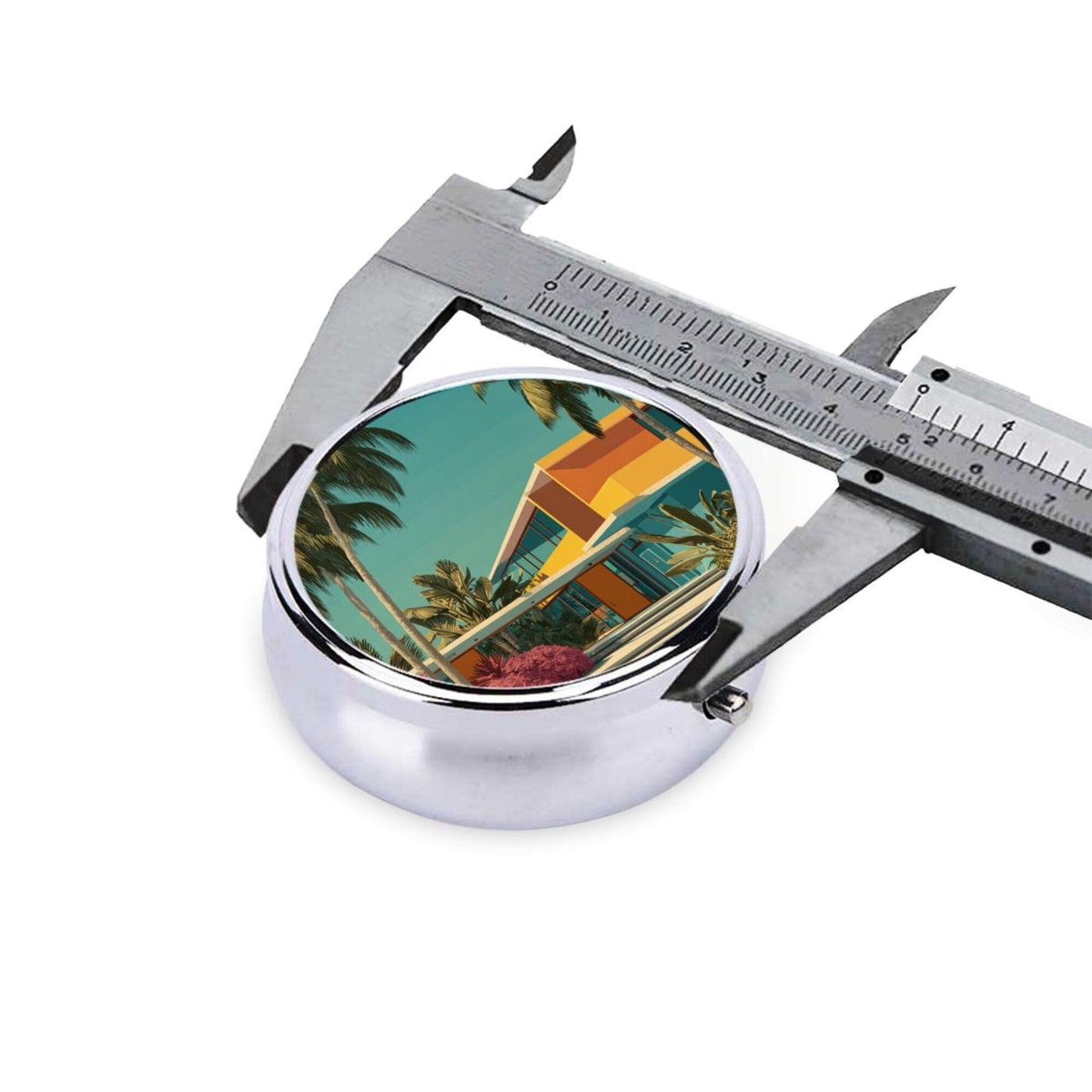 Premium Round Mini Pill Box | Portable Metal Medicine Organizer | 3-Compartment Storage | Tropical Vacation Style Cover | Perfect for Daily Carry, Travel, and Gift Giving