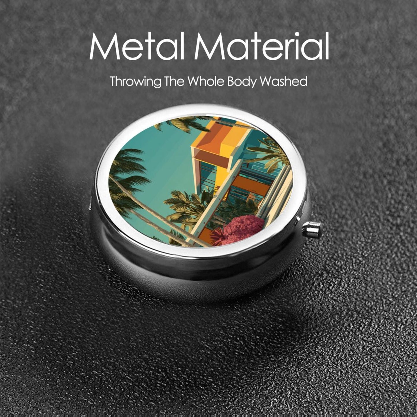 Premium Round Mini Pill Box | Portable Metal Medicine Organizer | 3-Compartment Storage | Tropical Vacation Style Cover | Perfect for Daily Carry, Travel, and Gift Giving