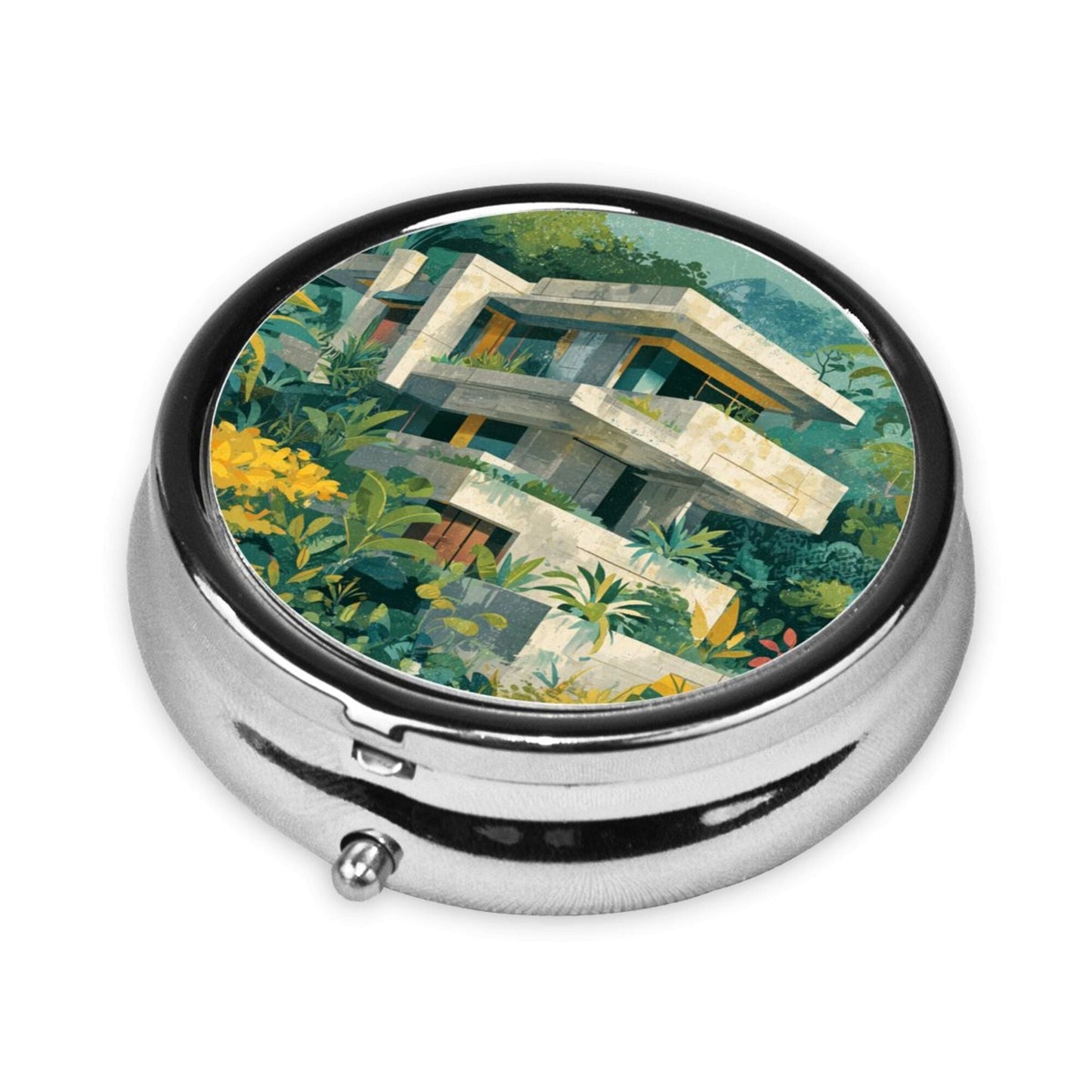 Premium Round Mini Pill Box | Durable Metal Medicine Organizer | 3-Compartment Storage | Modern Architecture & Tropical Plant Art Design | Ideal for Daily Carry, Travel, and Gift Giving