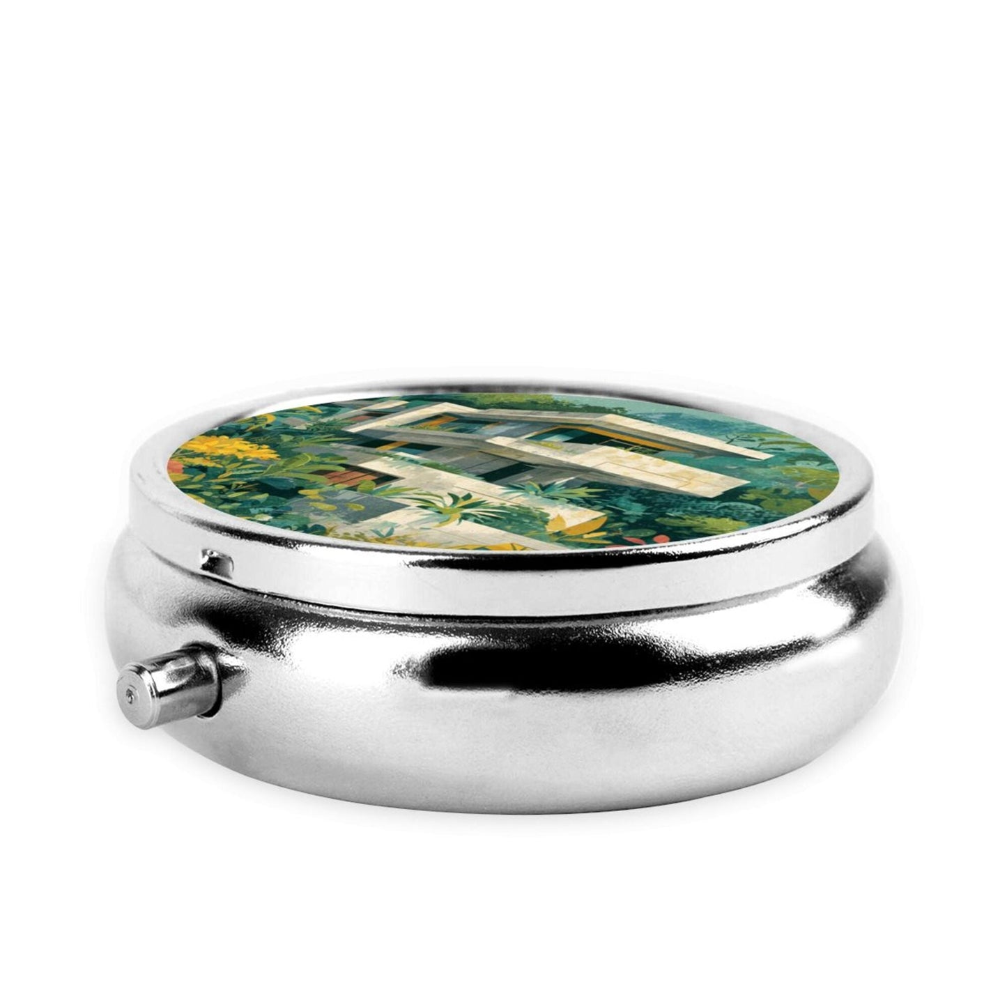 Premium Round Mini Pill Box | Durable Metal Medicine Organizer | 3-Compartment Storage | Modern Architecture & Tropical Plant Art Design | Ideal for Daily Carry, Travel, and Gift Giving