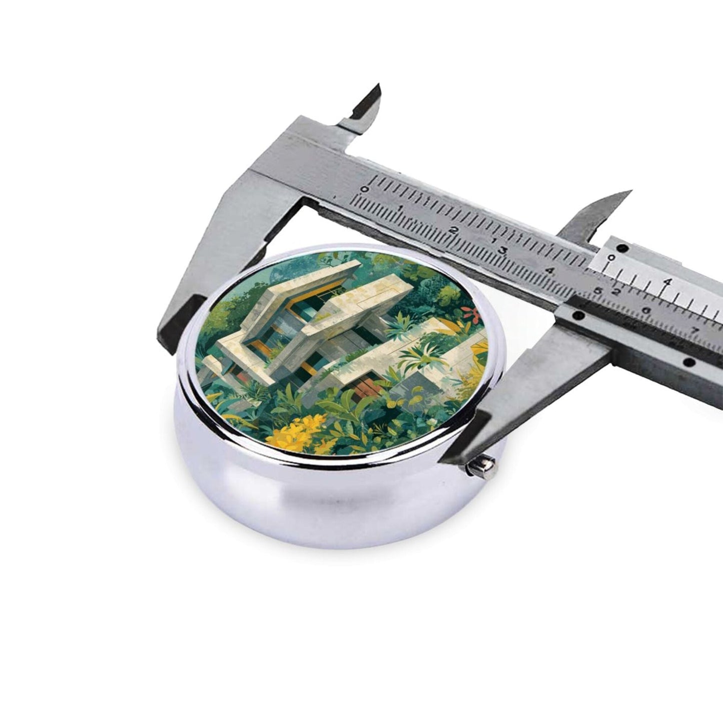 Premium Round Mini Pill Box | Durable Metal Medicine Organizer | 3-Compartment Storage | Modern Architecture & Tropical Plant Art Design | Ideal for Daily Carry, Travel, and Gift Giving