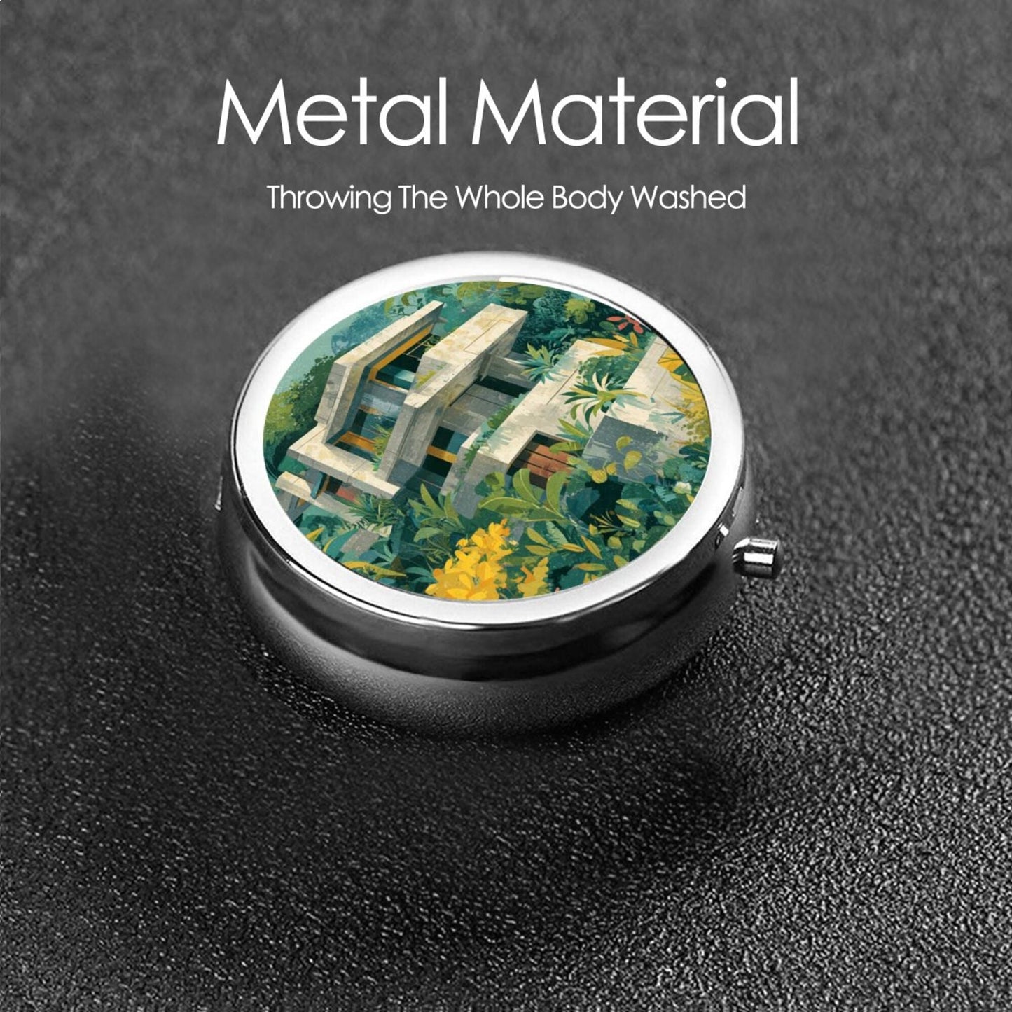 Premium Round Mini Pill Box | Durable Metal Medicine Organizer | 3-Compartment Storage | Modern Architecture & Tropical Plant Art Design | Ideal for Daily Carry, Travel, and Gift Giving