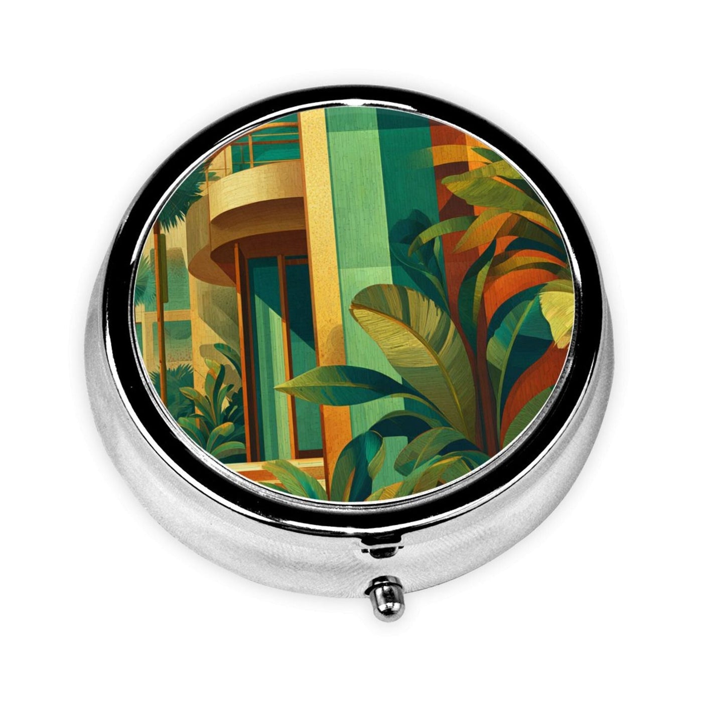 Premium Round Mini Pill Box | Durable Metal Medicine Organizer | 3-Compartment Storage | Modern Architecture & Tropical Plant Art Cover | Ideal for Daily Use, Travel, and Gift Giving