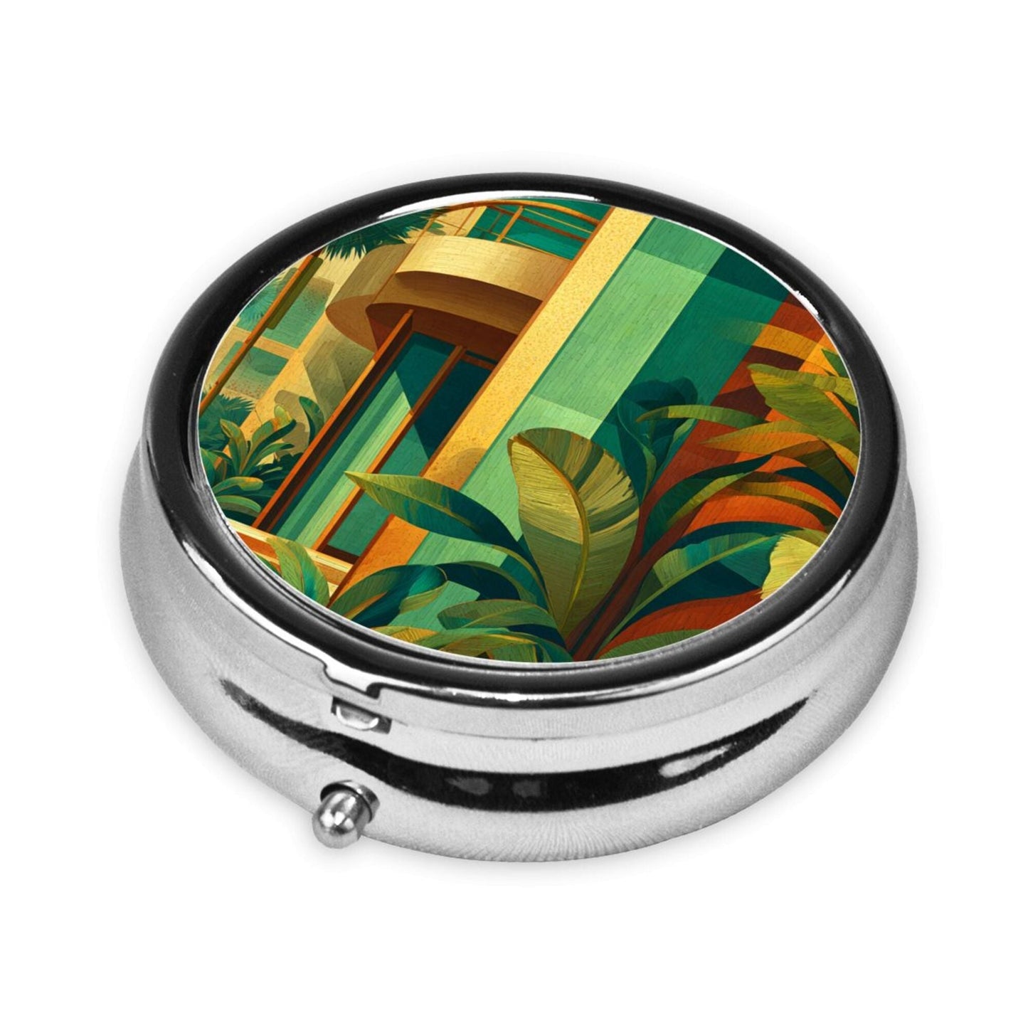 Premium Round Mini Pill Box | Durable Metal Medicine Organizer | 3-Compartment Storage | Modern Architecture & Tropical Plant Art Cover | Ideal for Daily Use, Travel, and Gift Giving