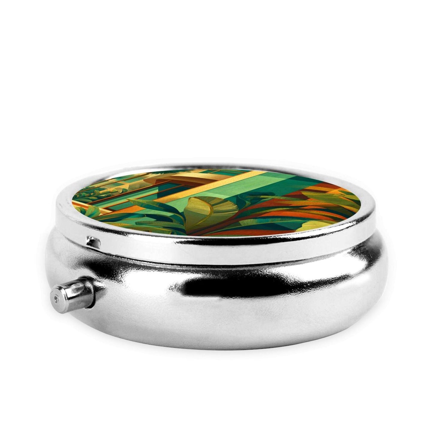 Premium Round Mini Pill Box | Durable Metal Medicine Organizer | 3-Compartment Storage | Modern Architecture & Tropical Plant Art Cover | Ideal for Daily Use, Travel, and Gift Giving
