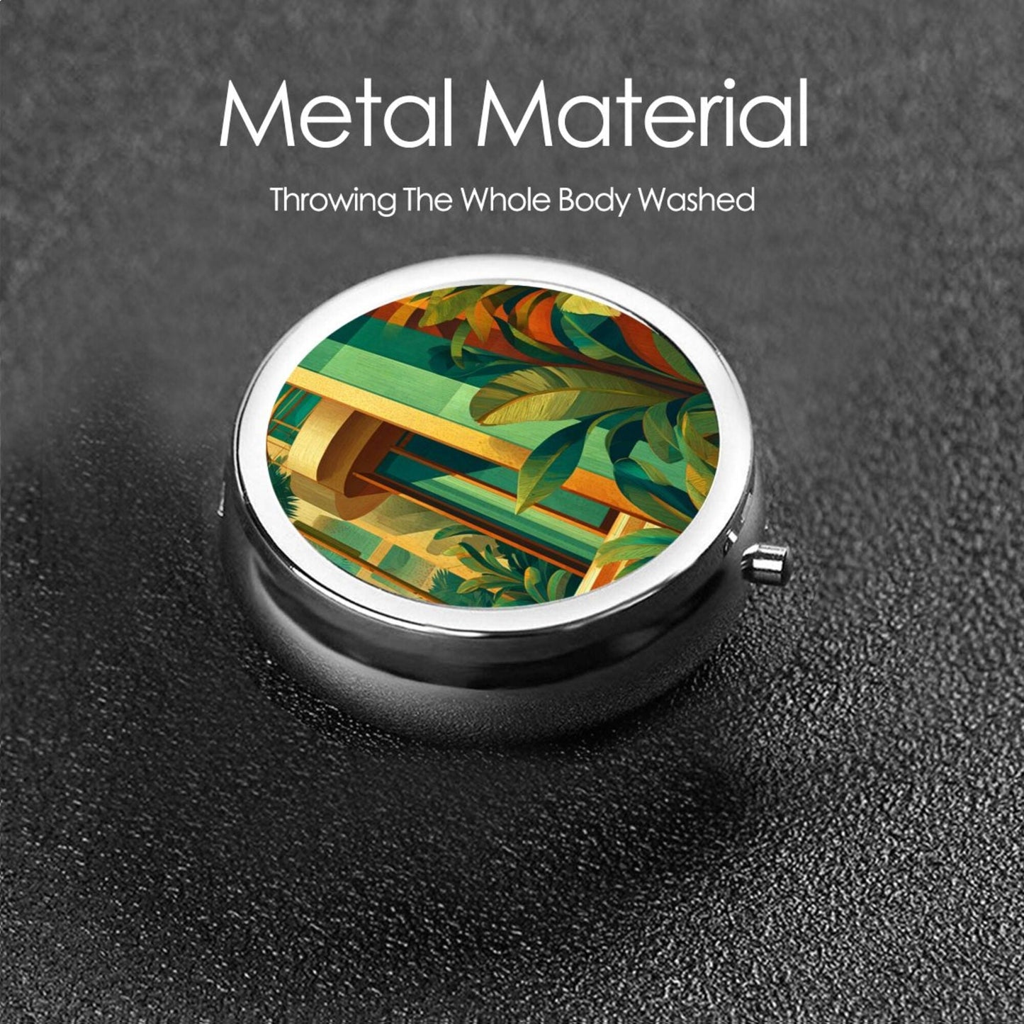 Premium Round Mini Pill Box | Durable Metal Medicine Organizer | 3-Compartment Storage | Modern Architecture & Tropical Plant Art Cover | Ideal for Daily Use, Travel, and Gift Giving