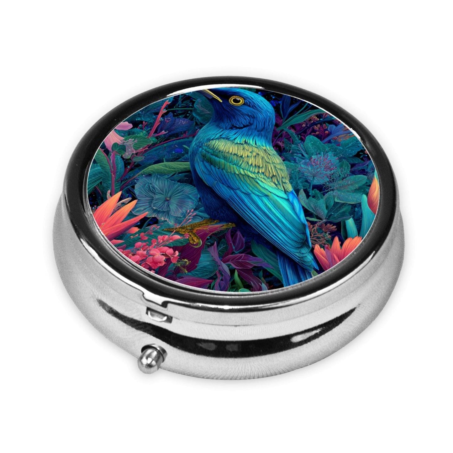 Premium Round Mini Pill Box | Durable Metal Organizer | 3-Compartment Storage | Tropical Rainforest Blue Bird Art Design | Perfect for Daily Carry, Travel, and Gift Giving
