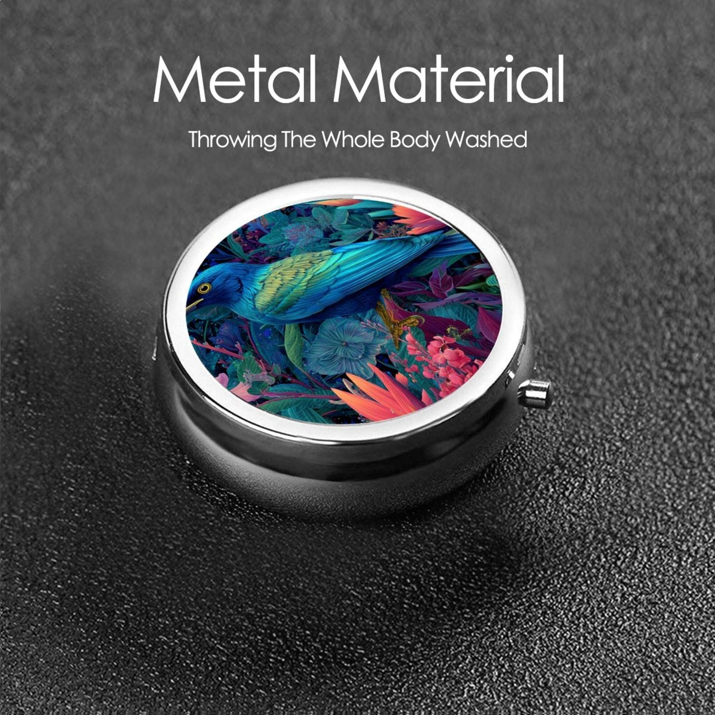 Premium Round Mini Pill Box | Durable Metal Organizer | 3-Compartment Storage | Tropical Rainforest Blue Bird Art Design | Perfect for Daily Carry, Travel, and Gift Giving