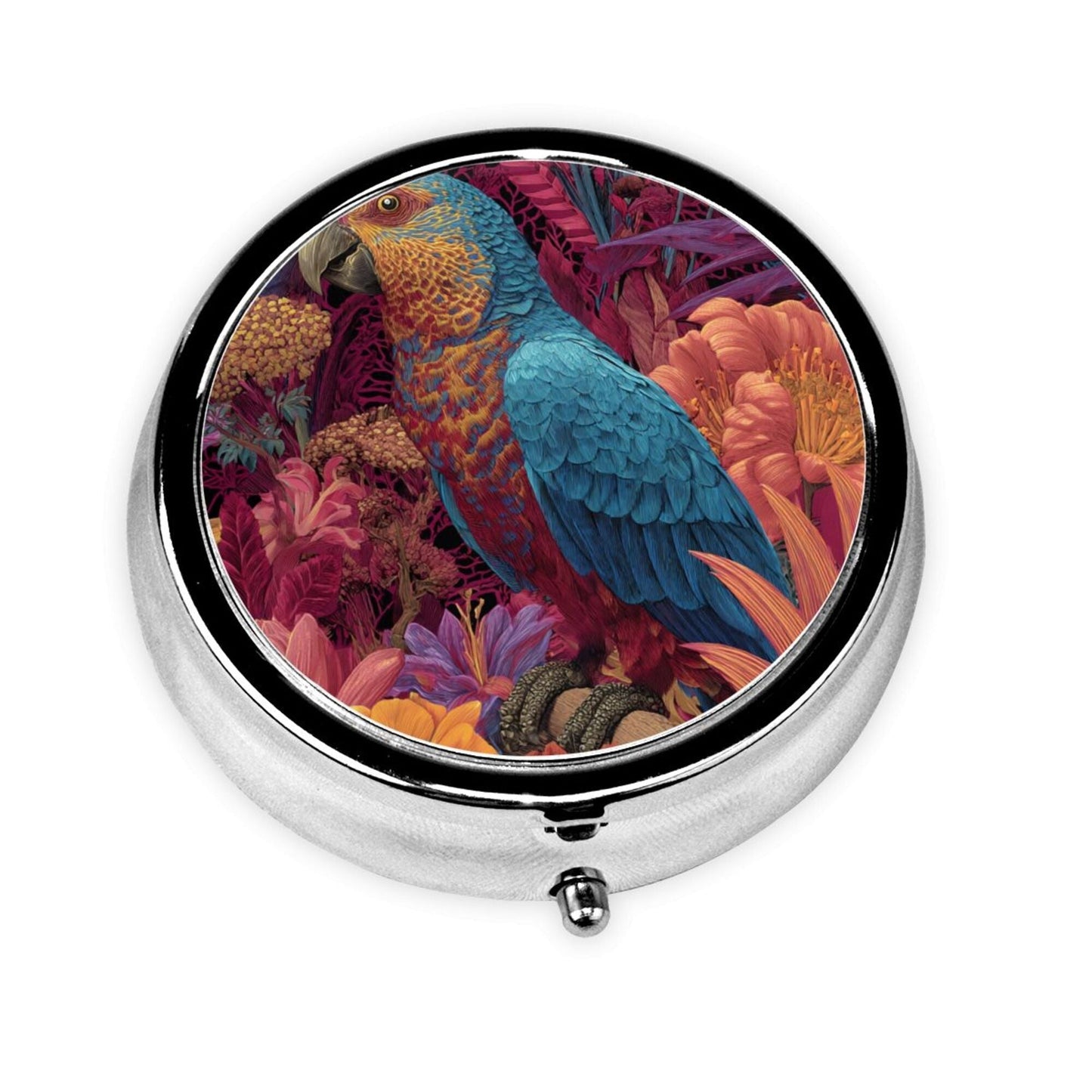Premium Round Mini Pill Box | Durable Metal Medicine Organizer | 3-Compartment Storage | Tropical Flower & Parrot Art Cover | Ideal for Daily Carry, Travel, and Gift Giving