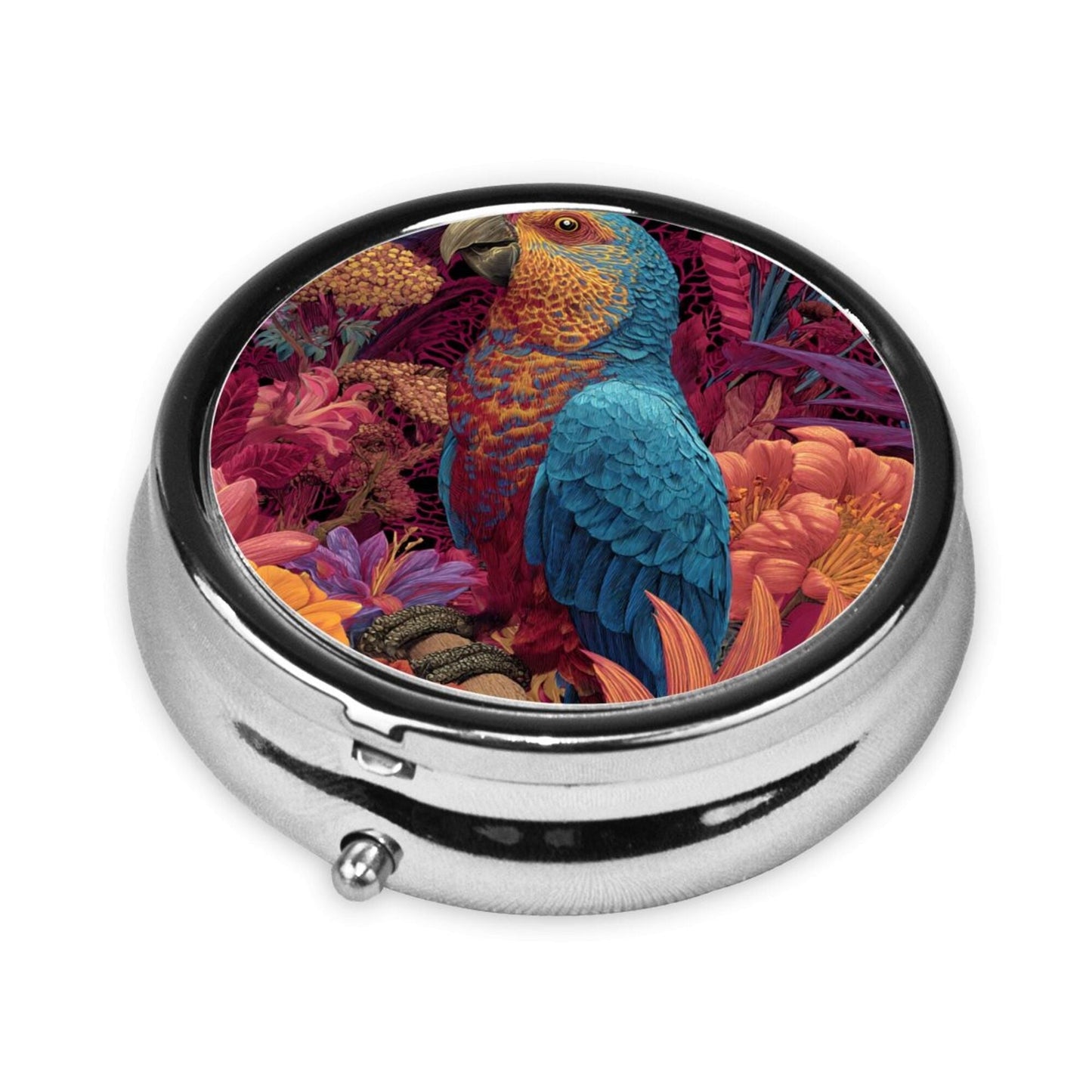 Premium Round Mini Pill Box | Durable Metal Medicine Organizer | 3-Compartment Storage | Tropical Flower & Parrot Art Cover | Ideal for Daily Carry, Travel, and Gift Giving