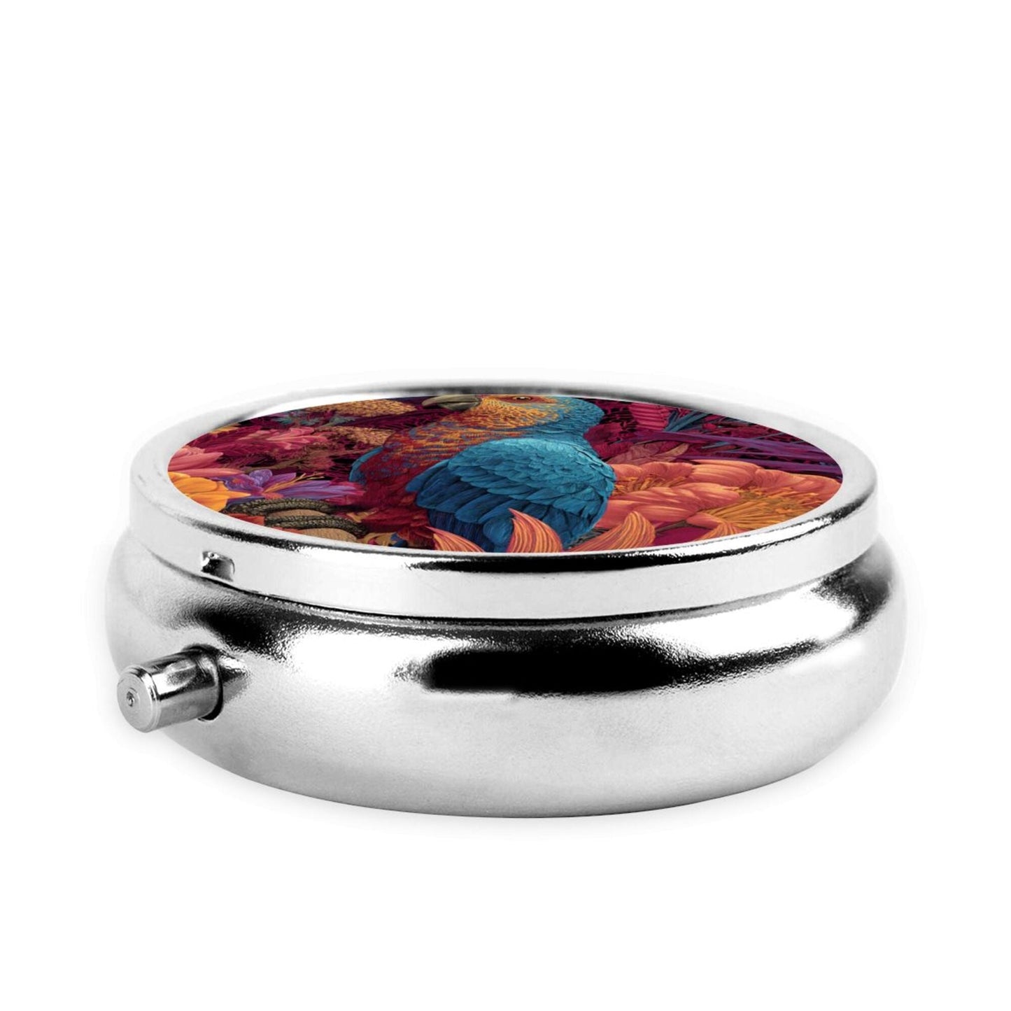 Premium Round Mini Pill Box | Durable Metal Medicine Organizer | 3-Compartment Storage | Tropical Flower & Parrot Art Cover | Ideal for Daily Carry, Travel, and Gift Giving