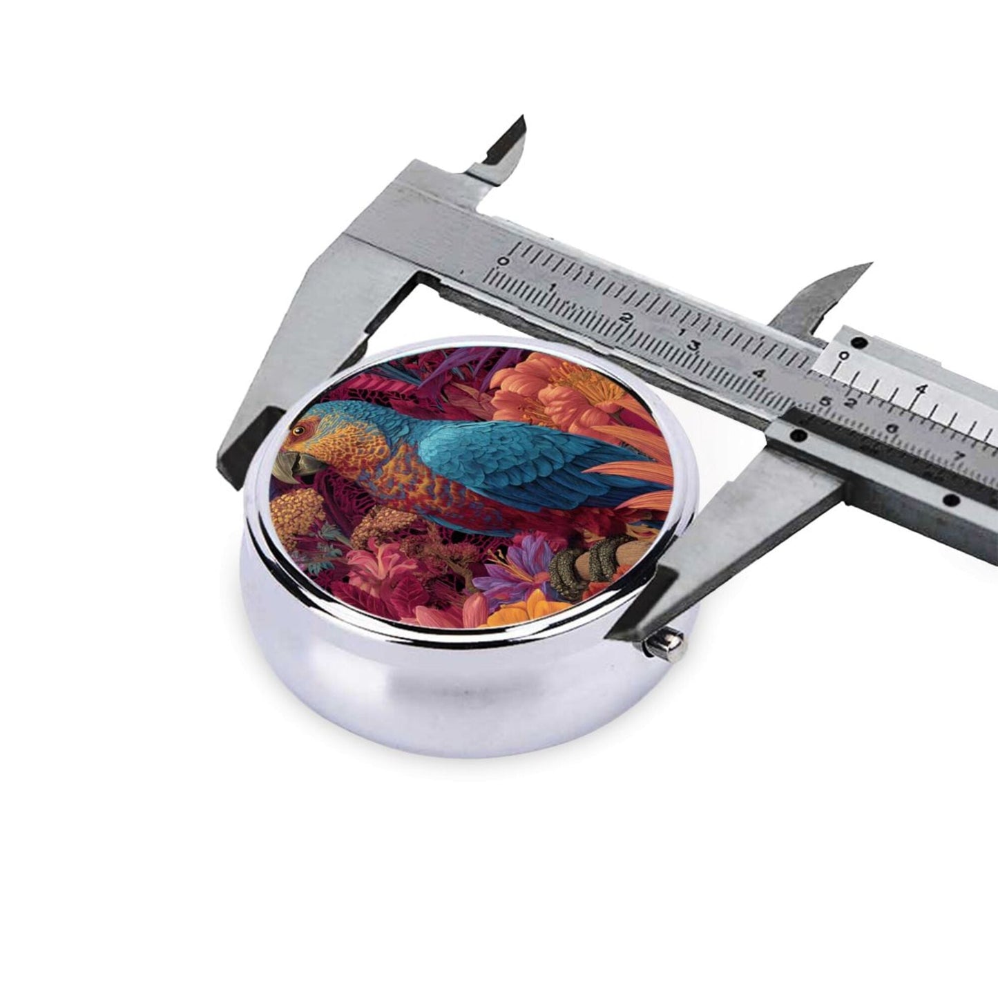 Premium Round Mini Pill Box | Durable Metal Medicine Organizer | 3-Compartment Storage | Tropical Flower & Parrot Art Cover | Ideal for Daily Carry, Travel, and Gift Giving