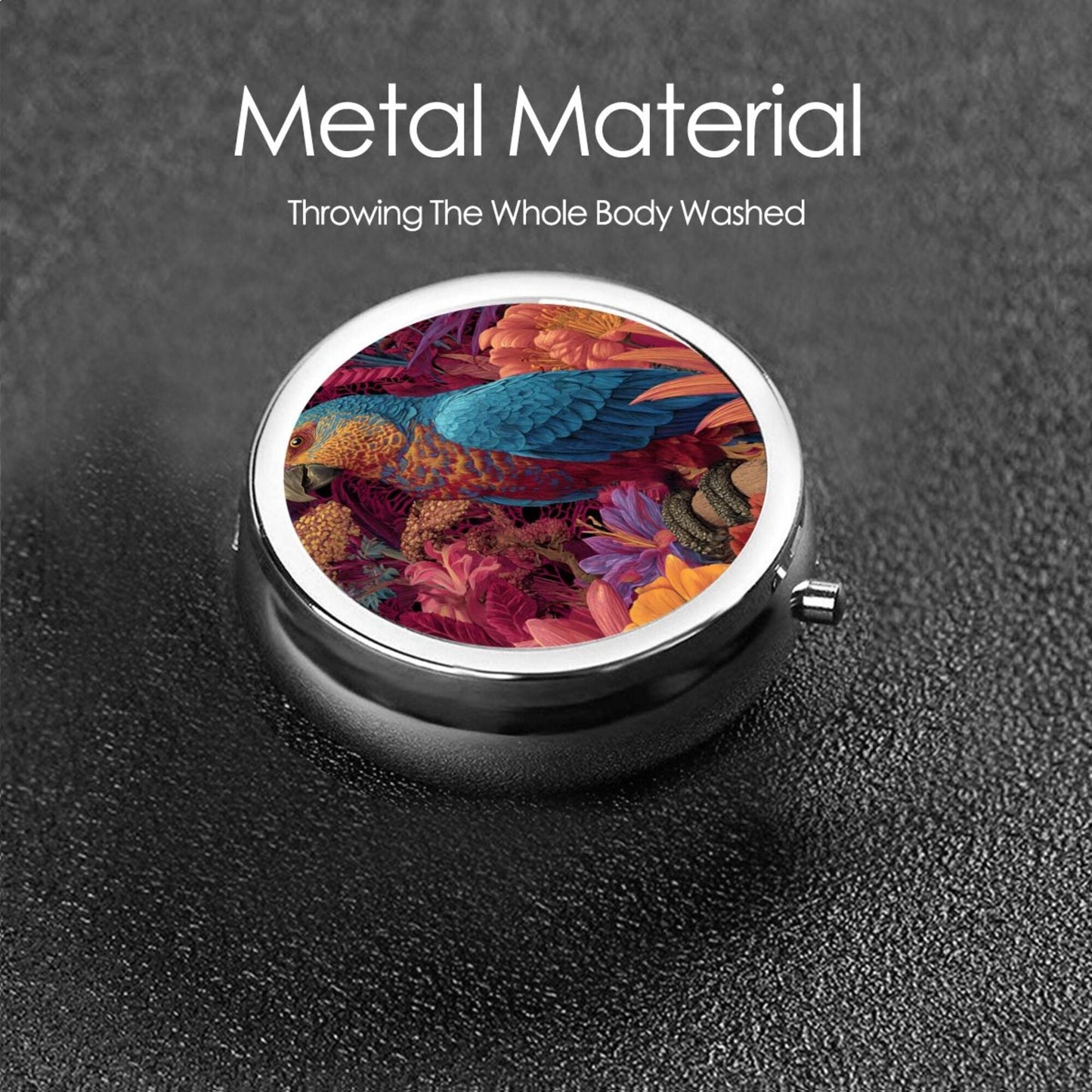 Premium Round Mini Pill Box | Durable Metal Medicine Organizer | 3-Compartment Storage | Tropical Flower & Parrot Art Cover | Ideal for Daily Carry, Travel, and Gift Giving