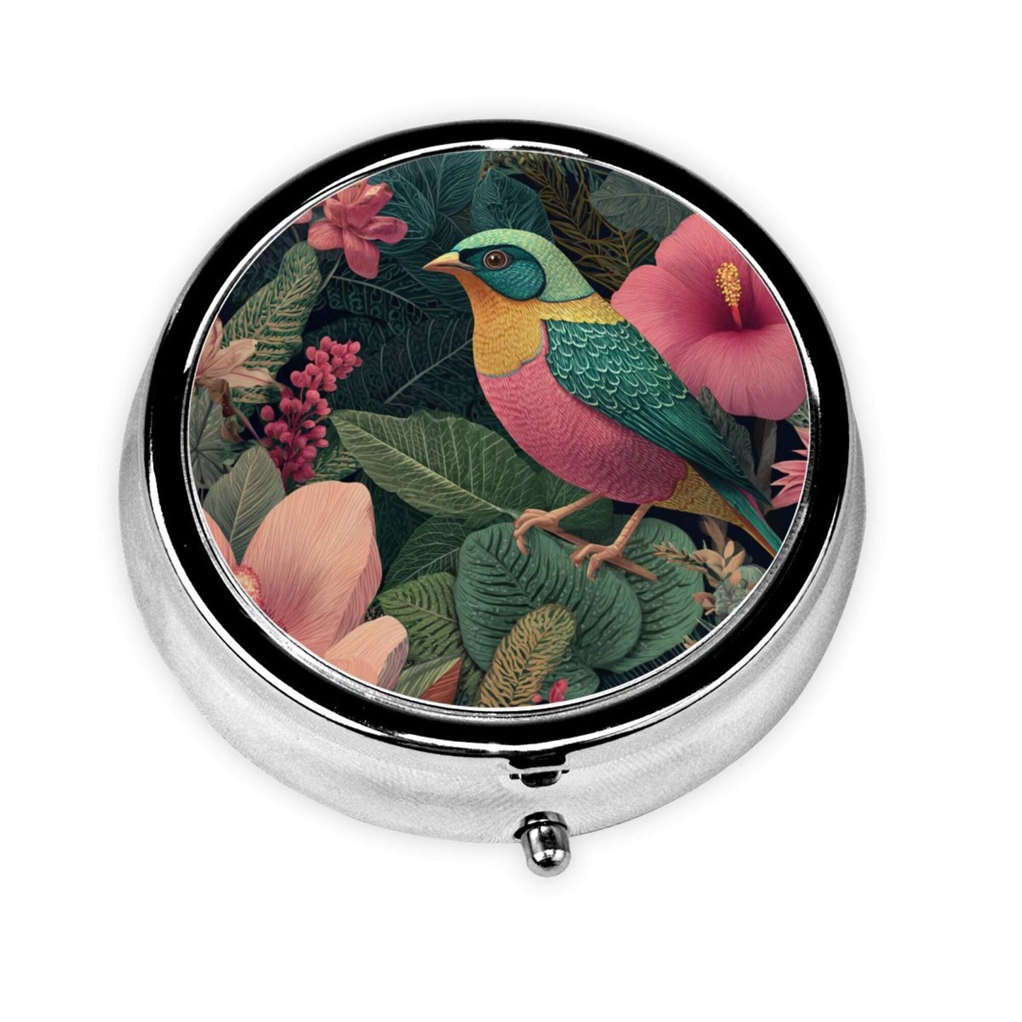 Premium Round Mini Pill Box | Durable Metal Organizer | 3-Compartment Storage | Tropical Flower & Colorful Bird Art Cover | Perfect for Daily Carry, Travel, and Gift Giving