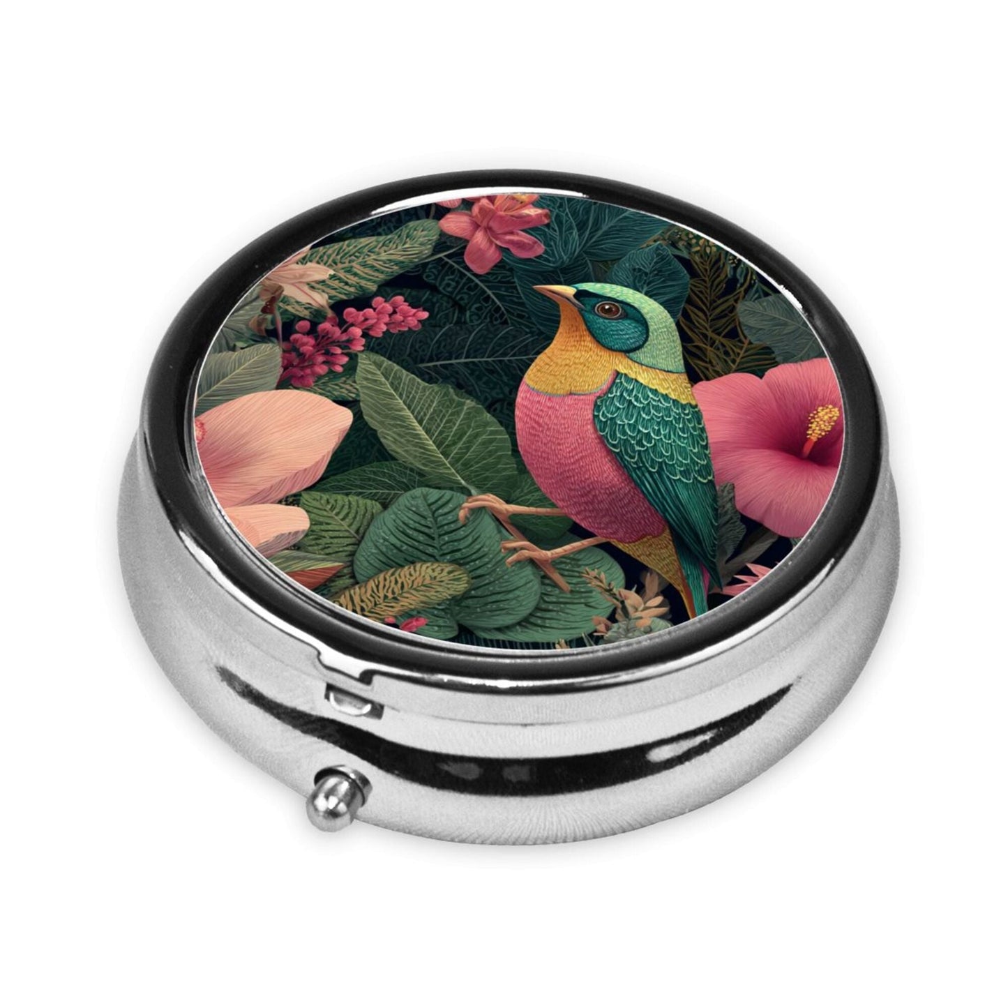 Premium Round Mini Pill Box | Durable Metal Organizer | 3-Compartment Storage | Tropical Flower & Colorful Bird Art Cover | Perfect for Daily Carry, Travel, and Gift Giving