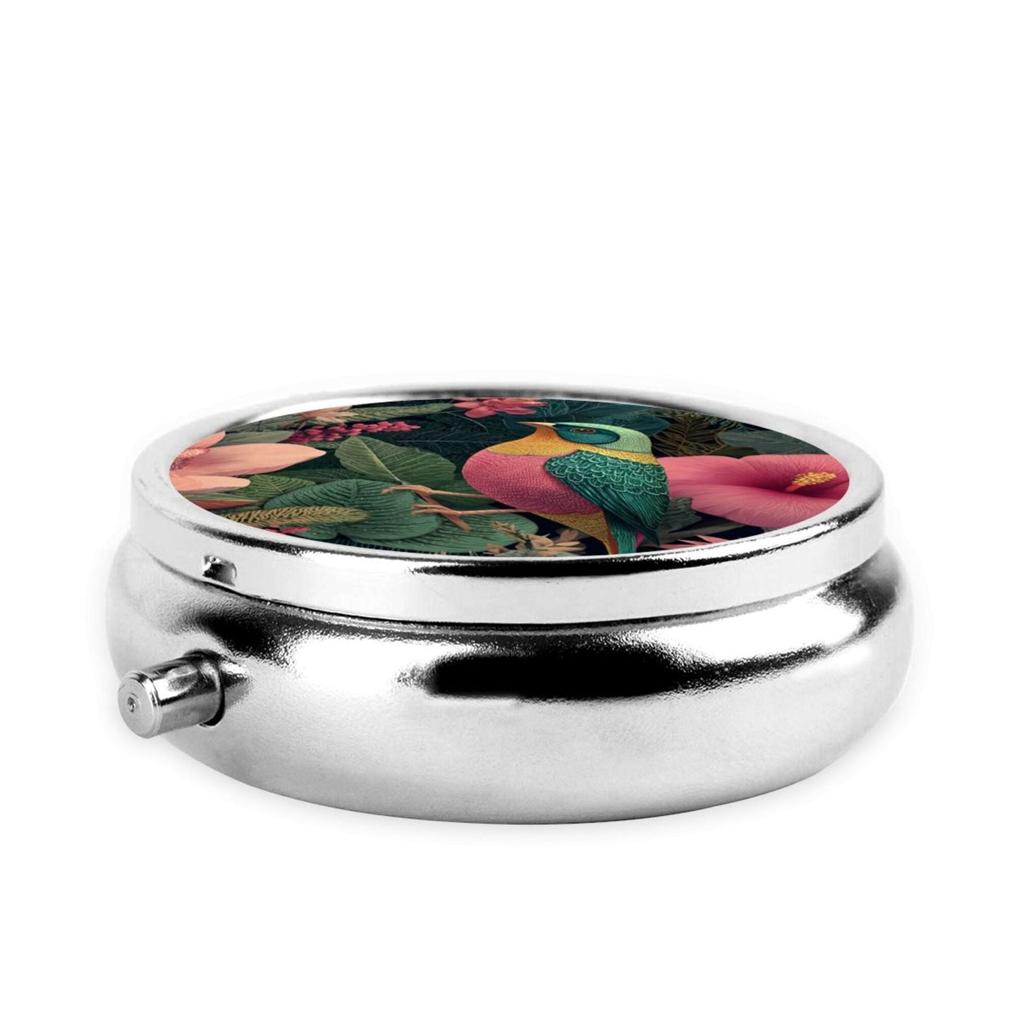 Premium Round Mini Pill Box | Durable Metal Organizer | 3-Compartment Storage | Tropical Flower & Colorful Bird Art Cover | Perfect for Daily Carry, Travel, and Gift Giving