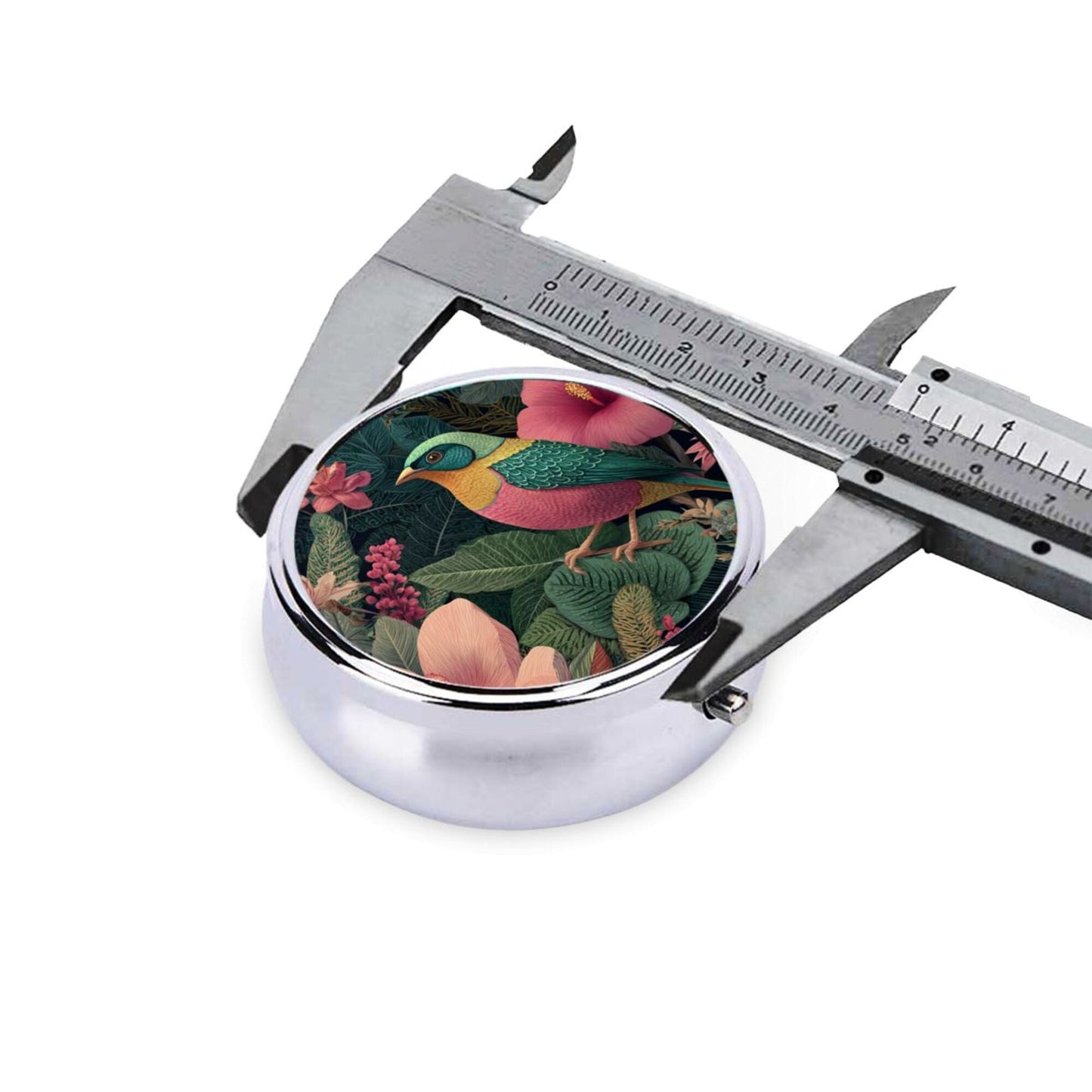 Premium Round Mini Pill Box | Durable Metal Organizer | 3-Compartment Storage | Tropical Flower & Colorful Bird Art Cover | Perfect for Daily Carry, Travel, and Gift Giving