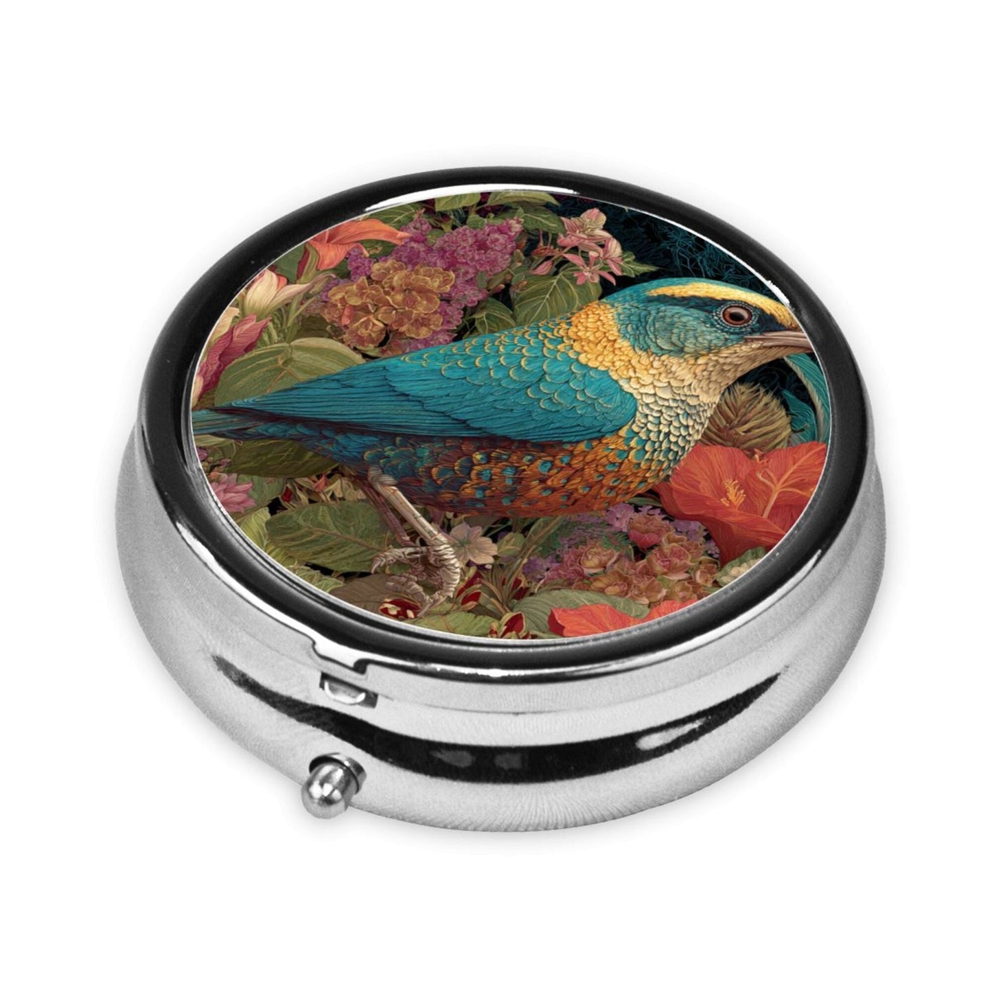 Premium Round Mini Pill Box | Durable Metal Medicine Organizer | 3-Compartment Storage | Blue & Yellow Parrot with Tropical Flower Art Cover | Perfect for Daily Carry, Travel, and Gift Giving