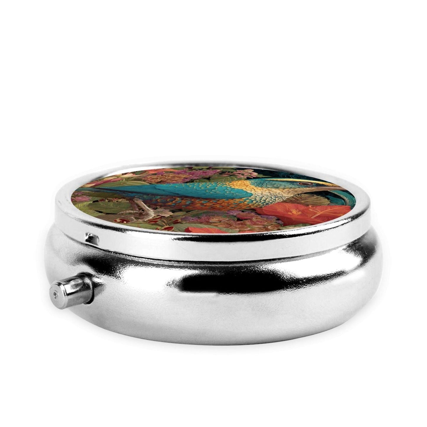 Premium Round Mini Pill Box | Durable Metal Medicine Organizer | 3-Compartment Storage | Blue & Yellow Parrot with Tropical Flower Art Cover | Perfect for Daily Carry, Travel, and Gift Giving