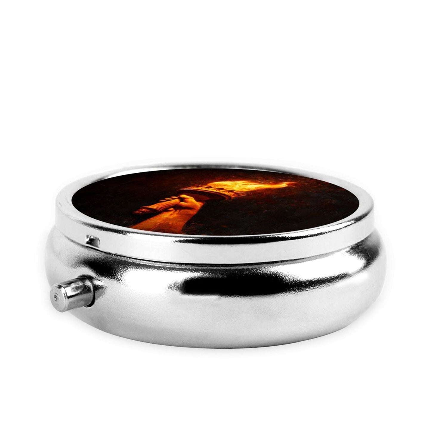 Premium Round Mini Pill Box | Durable Metal Organizer | 3-Compartment Storage | Torch of Light Art Cover | Perfect for Daily Carry, Travel, and Creative Gift Giving