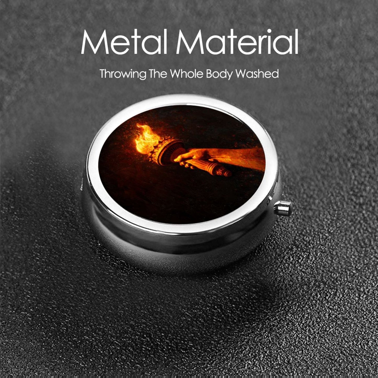 Premium Round Mini Pill Box | Durable Metal Organizer | 3-Compartment Storage | Torch of Light Art Cover | Perfect for Daily Carry, Travel, and Creative Gift Giving