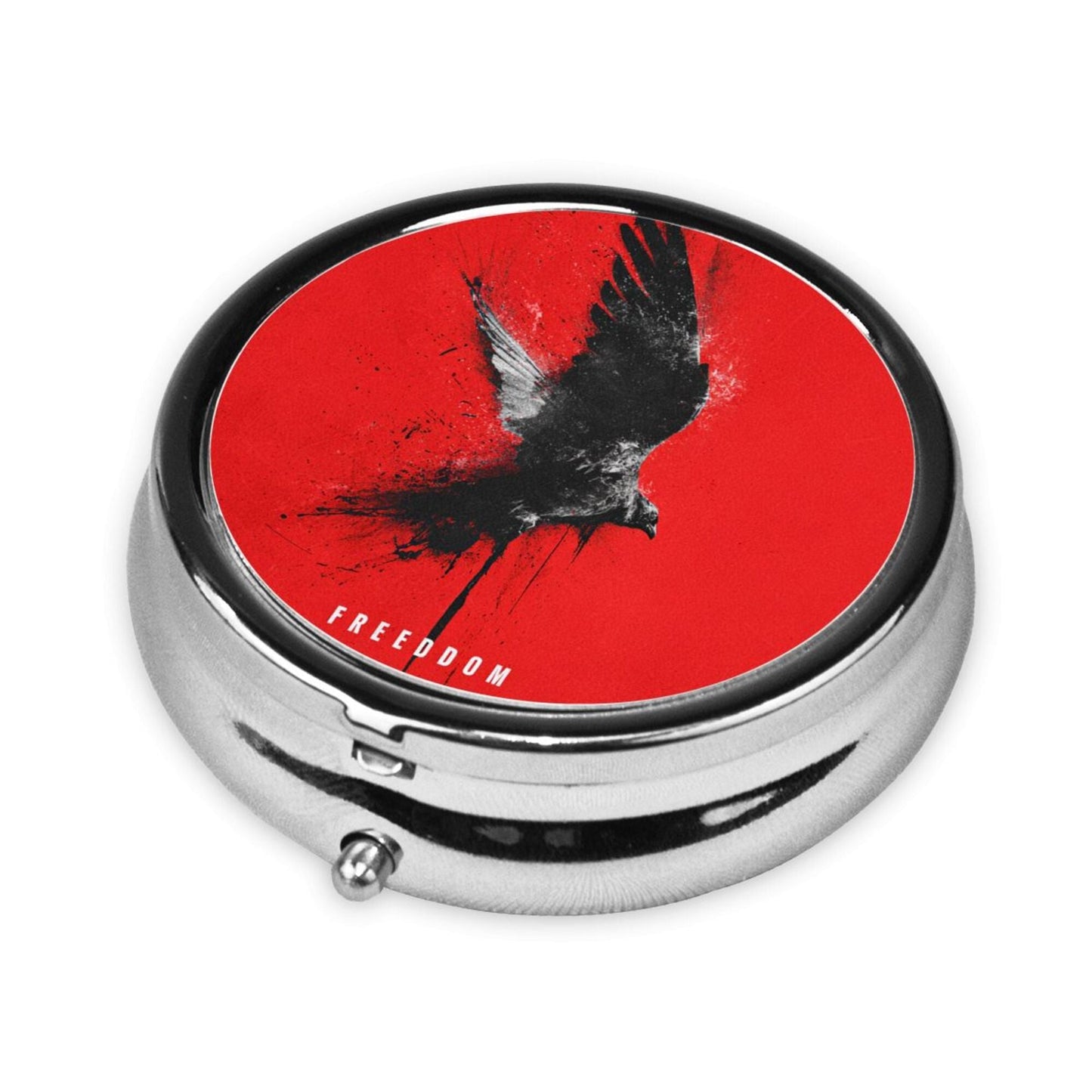 Premium Round Mini Pill Box | Durable Metal Organizer | 3-Compartment Storage | Black Bird with Red Background Art Cover | Perfect for Daily Carry, Travel, and Stylish Gift Giving