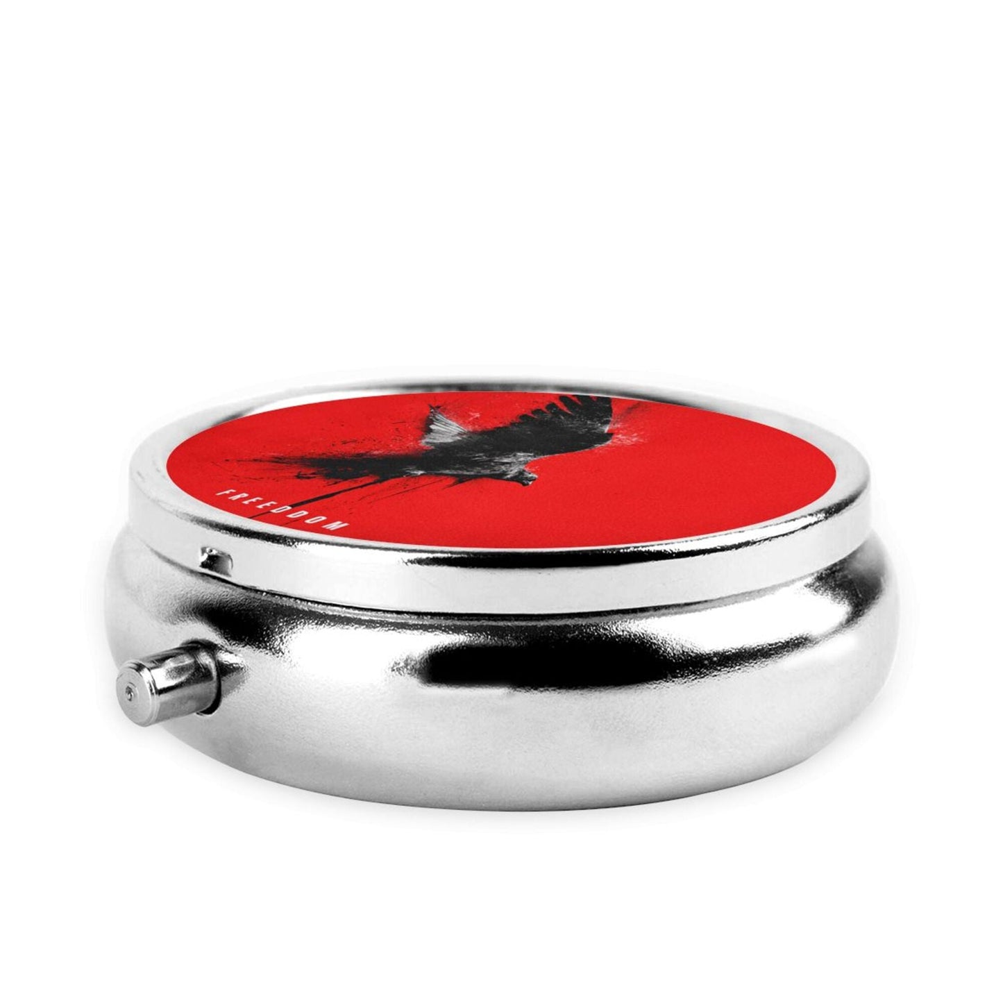 Premium Round Mini Pill Box | Durable Metal Organizer | 3-Compartment Storage | Black Bird with Red Background Art Cover | Perfect for Daily Carry, Travel, and Stylish Gift Giving