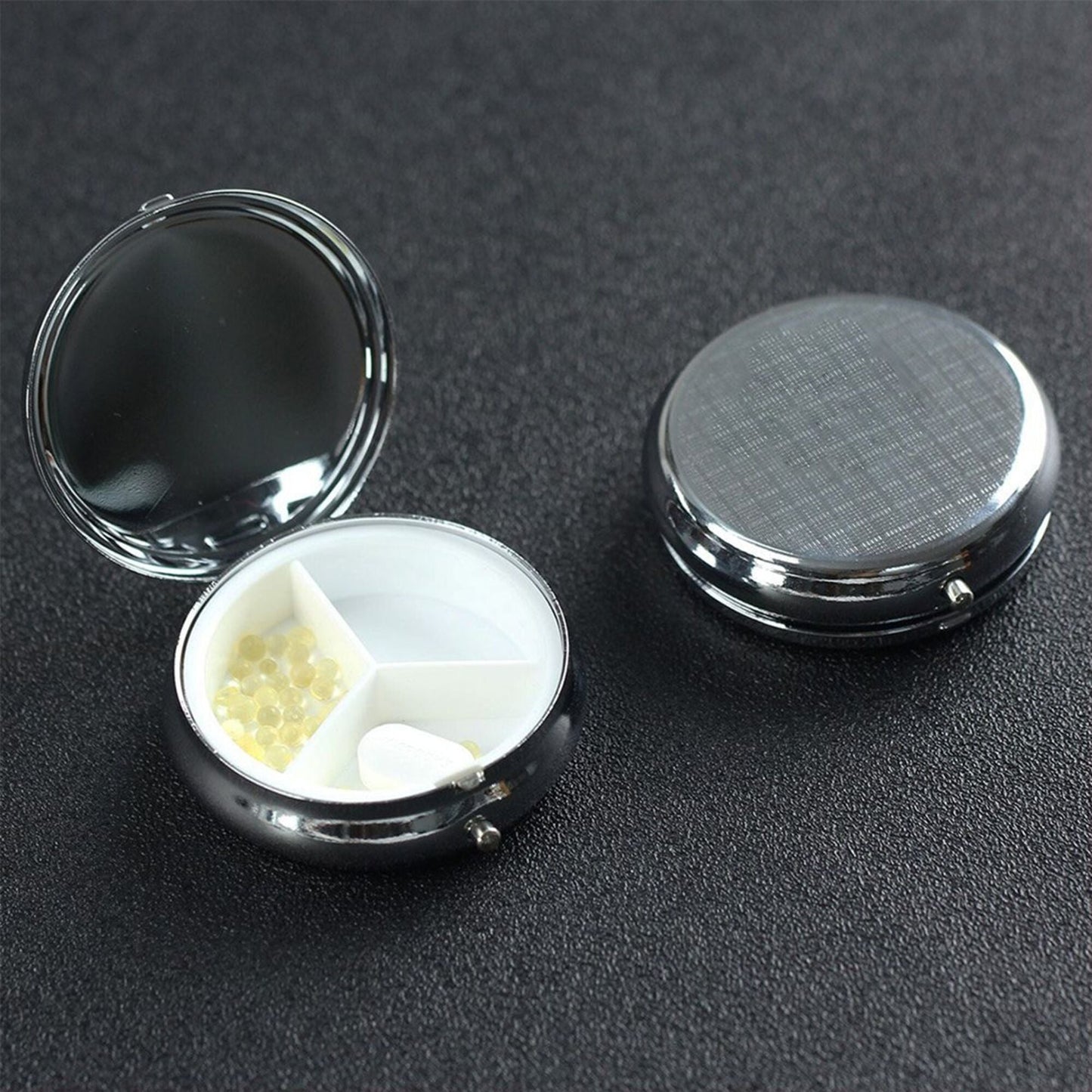 Premium Round Mini Pill Box | Durable Metal Organizer | 3-Compartment Storage | Black Bird with Red Background Art Cover | Perfect for Daily Carry, Travel, and Stylish Gift Giving