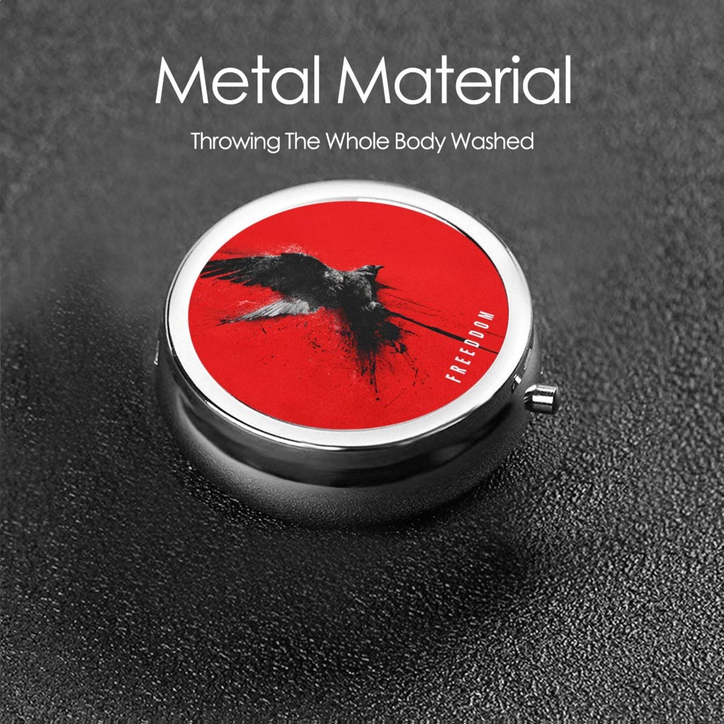 Premium Round Mini Pill Box | Durable Metal Organizer | 3-Compartment Storage | Black Bird with Red Background Art Cover | Perfect for Daily Carry, Travel, and Stylish Gift Giving