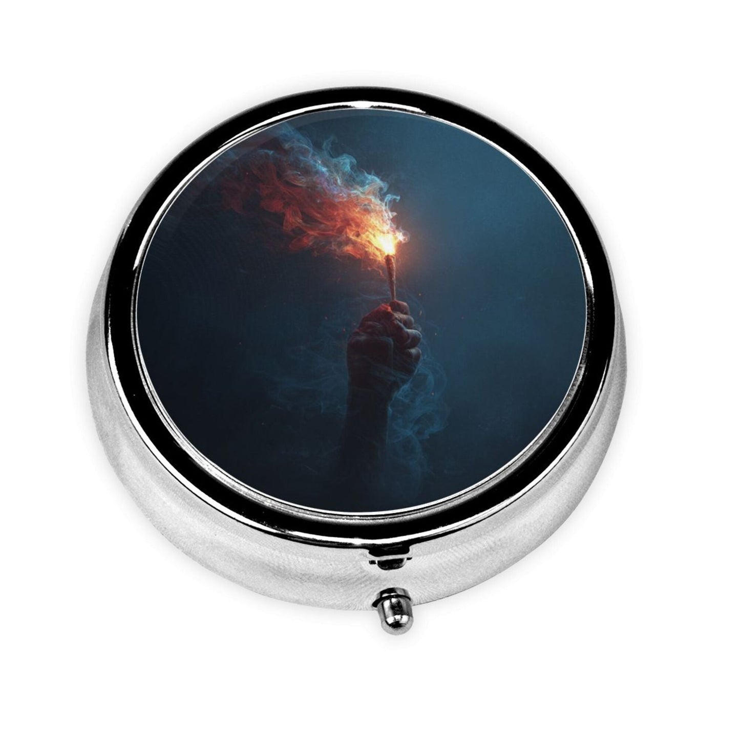 Premium Round Mini Pill Box | Durable Metal Organizer | 3-Compartment Storage | Dark Flame Hand Art Cover | Perfect for Daily Carry, Travel, and Creative Gift Giving