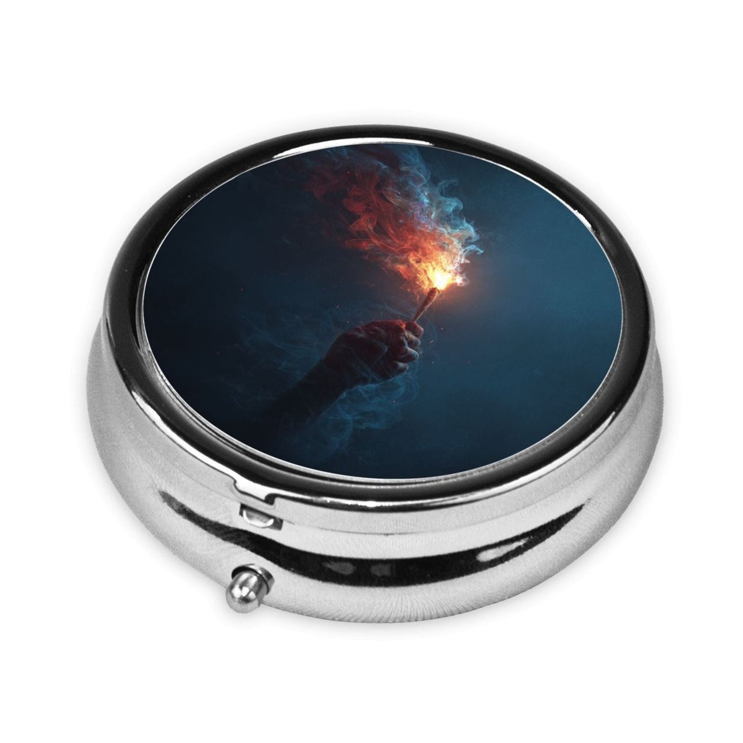 Premium Round Mini Pill Box | Durable Metal Organizer | 3-Compartment Storage | Dark Flame Hand Art Cover | Perfect for Daily Carry, Travel, and Creative Gift Giving