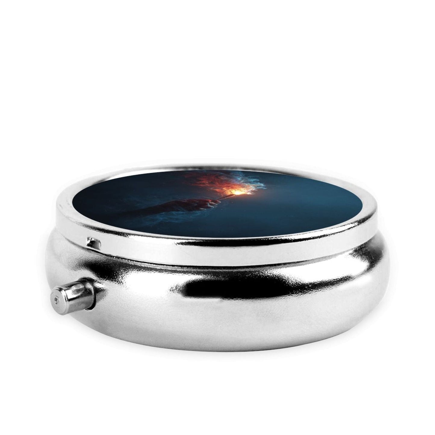 Premium Round Mini Pill Box | Durable Metal Organizer | 3-Compartment Storage | Dark Flame Hand Art Cover | Perfect for Daily Carry, Travel, and Creative Gift Giving