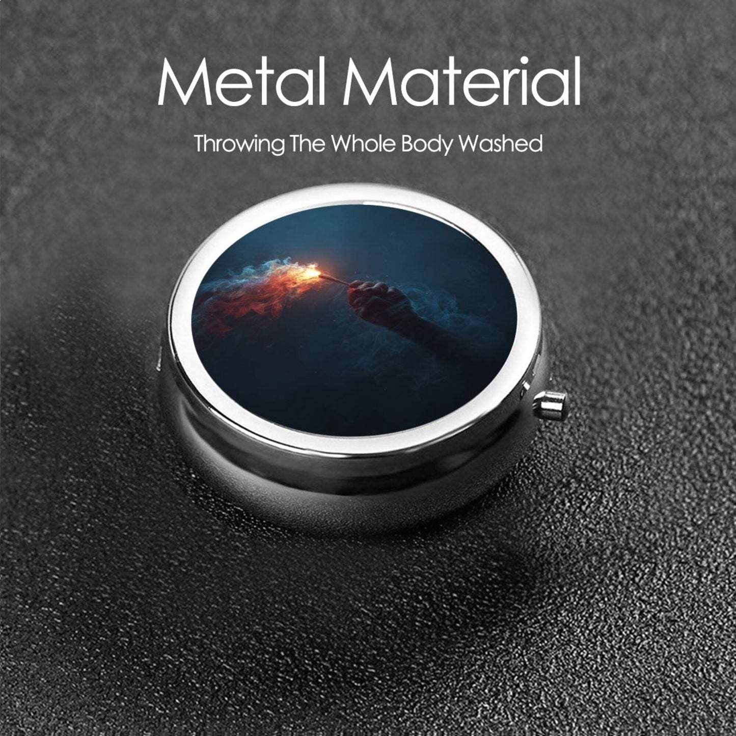 Premium Round Mini Pill Box | Durable Metal Organizer | 3-Compartment Storage | Dark Flame Hand Art Cover | Perfect for Daily Carry, Travel, and Creative Gift Giving
