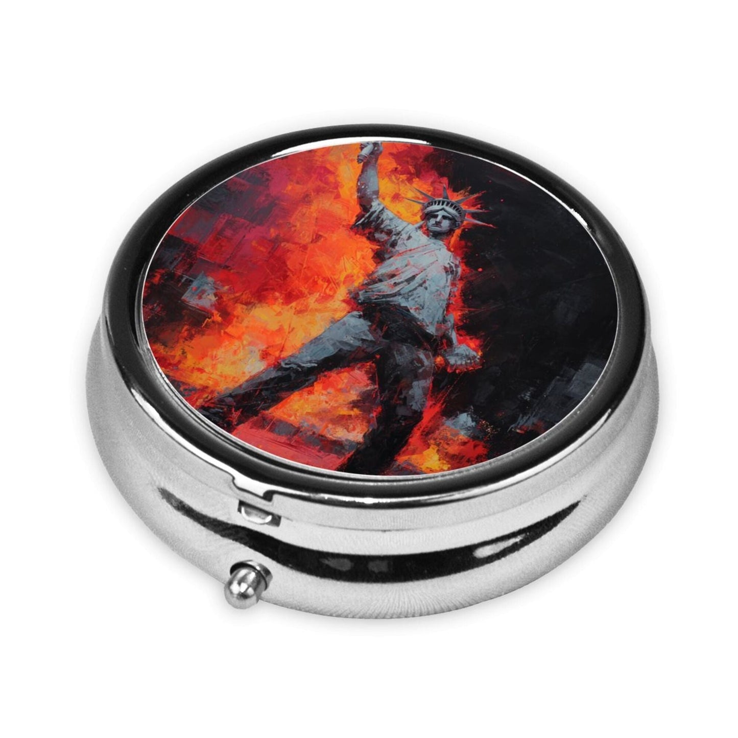 Premium Round Mini Pill Box | Durable Metal Organizer | 3-Compartment Storage | Flame Figure Art Cover | Perfect for Daily Carry, Travel, and Unique Gift Giving