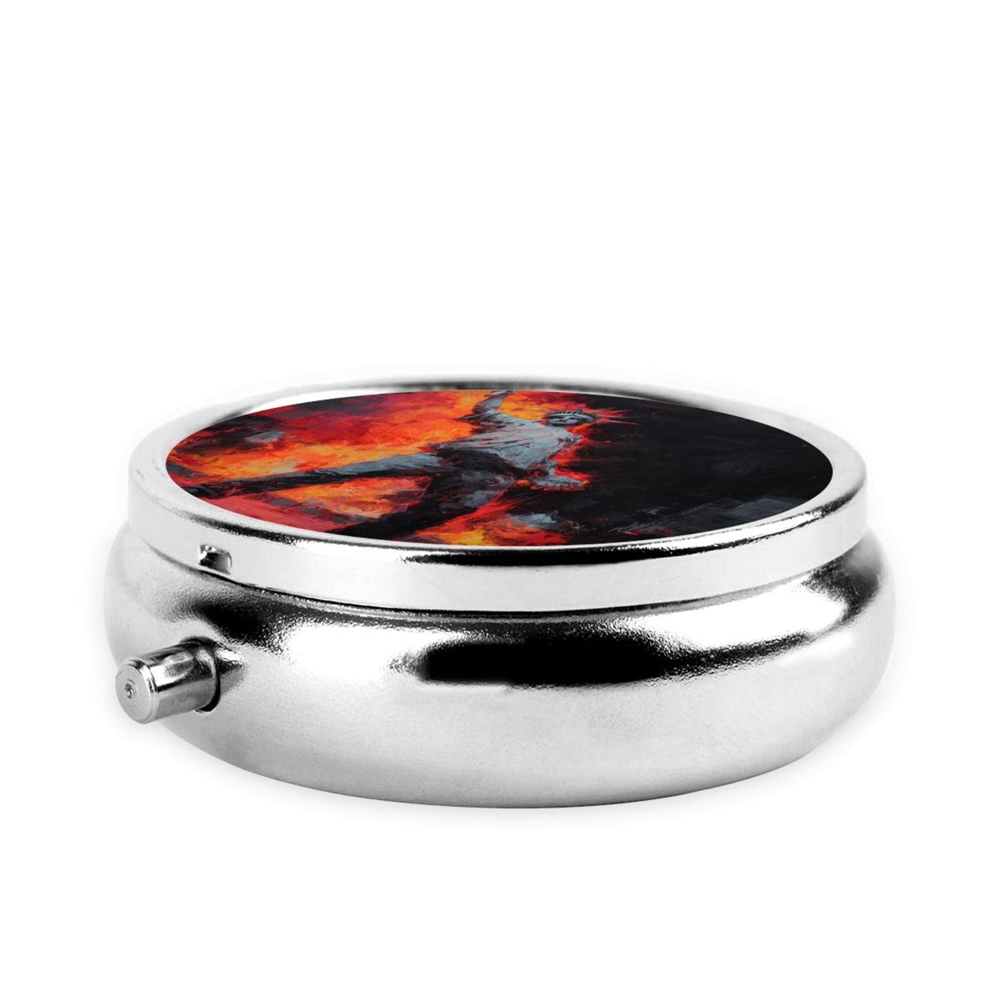 Premium Round Mini Pill Box | Durable Metal Organizer | 3-Compartment Storage | Flame Figure Art Cover | Perfect for Daily Carry, Travel, and Unique Gift Giving