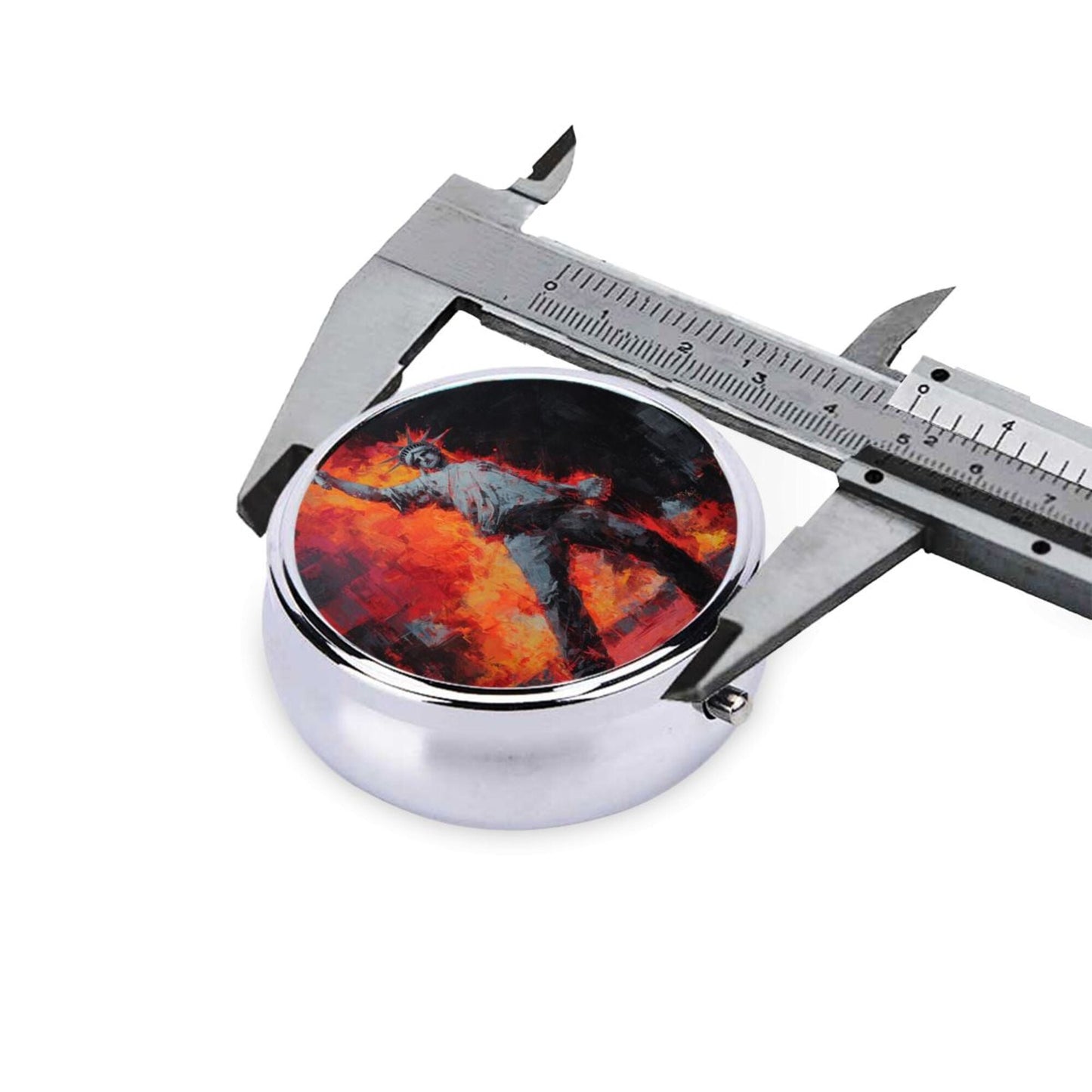 Premium Round Mini Pill Box | Durable Metal Organizer | 3-Compartment Storage | Flame Figure Art Cover | Perfect for Daily Carry, Travel, and Unique Gift Giving