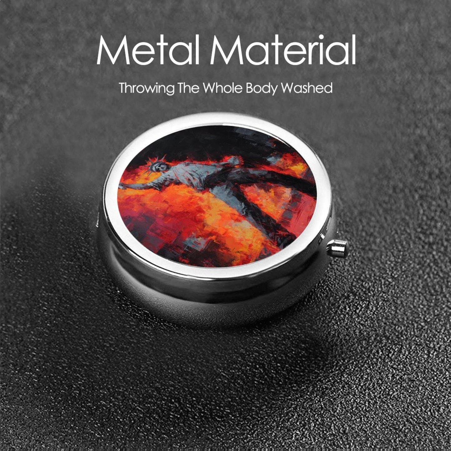 Premium Round Mini Pill Box | Durable Metal Organizer | 3-Compartment Storage | Flame Figure Art Cover | Perfect for Daily Carry, Travel, and Unique Gift Giving
