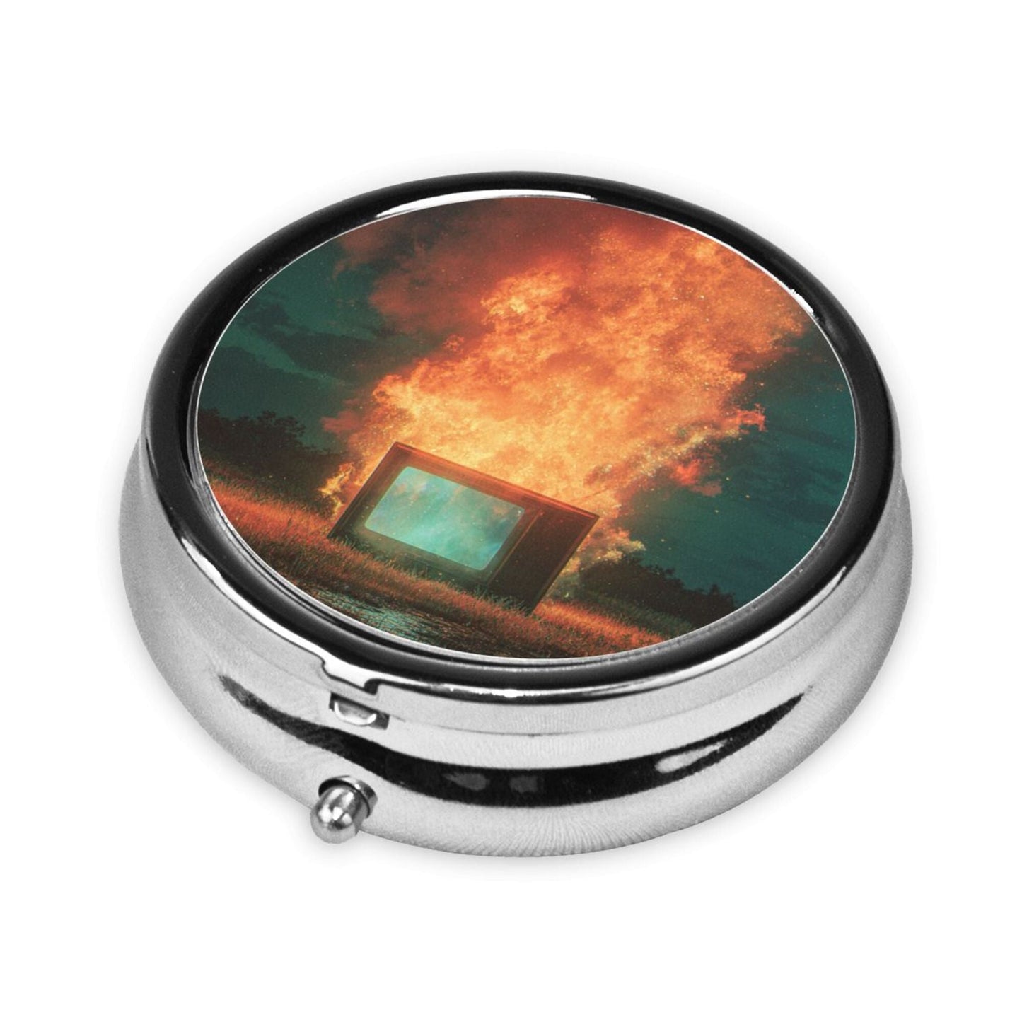 Premium Round Mini Pill Box | Durable Metal Organizer | 3-Compartment Storage | Burning Cube Art Cover | Perfect for Daily Carry, Travel, and Unique Gift Giving