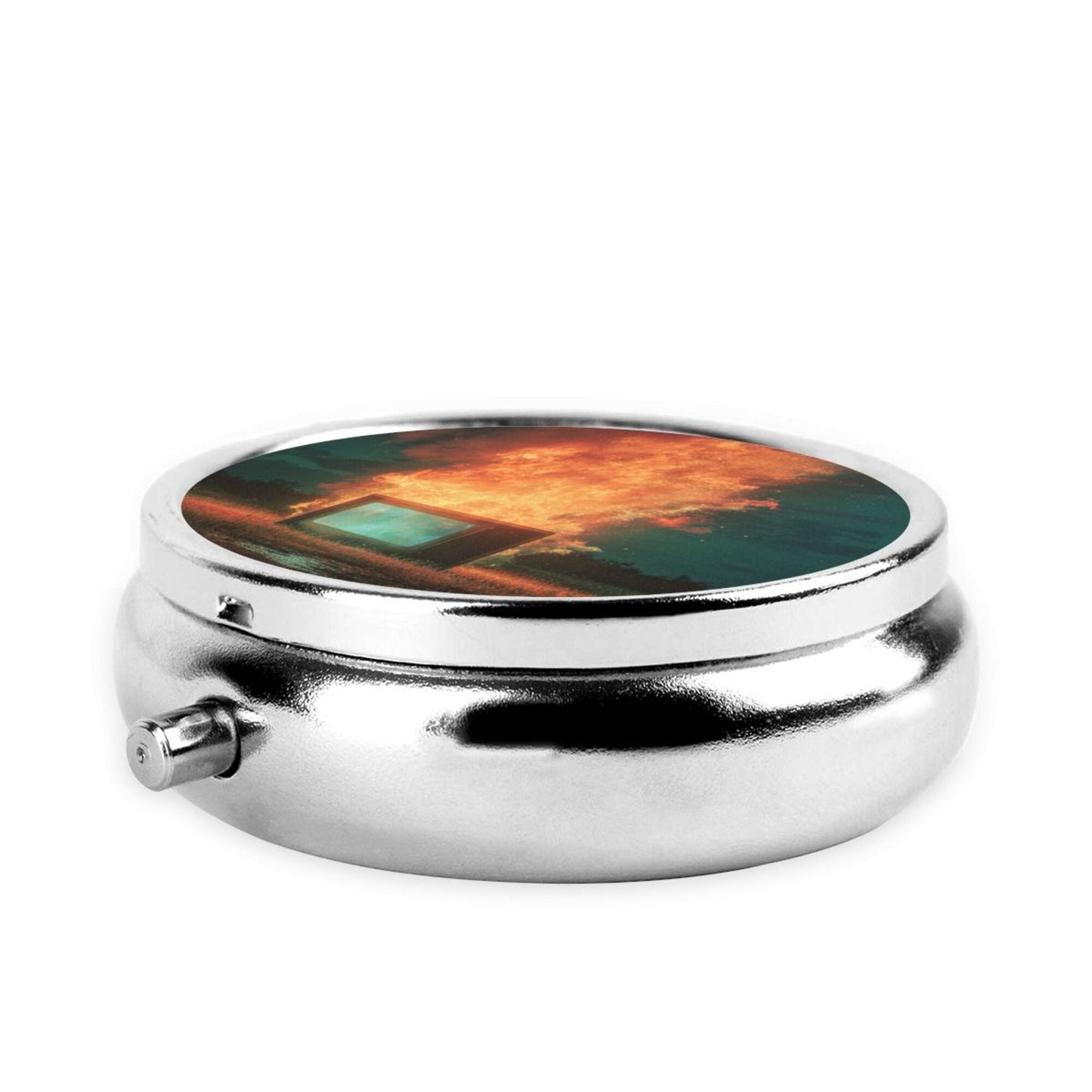 Premium Round Mini Pill Box | Durable Metal Organizer | 3-Compartment Storage | Burning Cube Art Cover | Perfect for Daily Carry, Travel, and Unique Gift Giving
