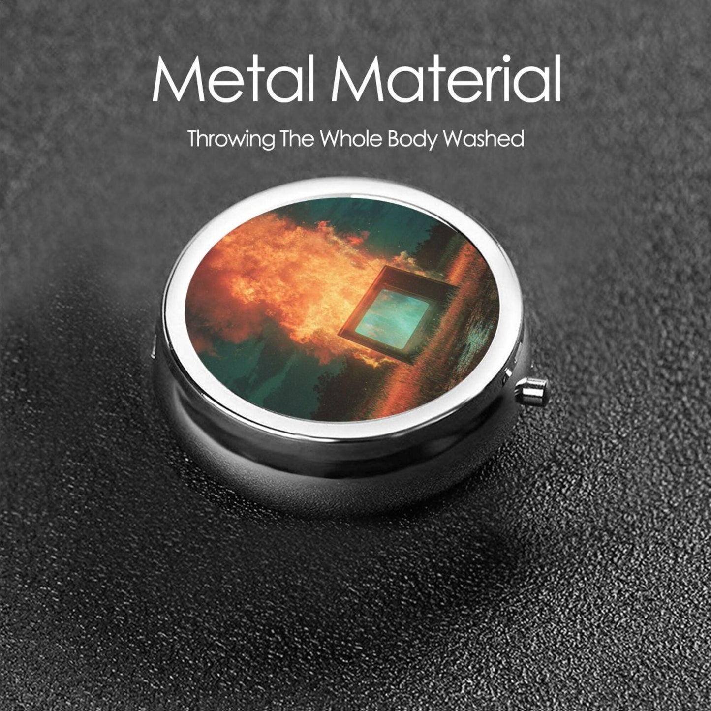 Premium Round Mini Pill Box | Durable Metal Organizer | 3-Compartment Storage | Burning Cube Art Cover | Perfect for Daily Carry, Travel, and Unique Gift Giving