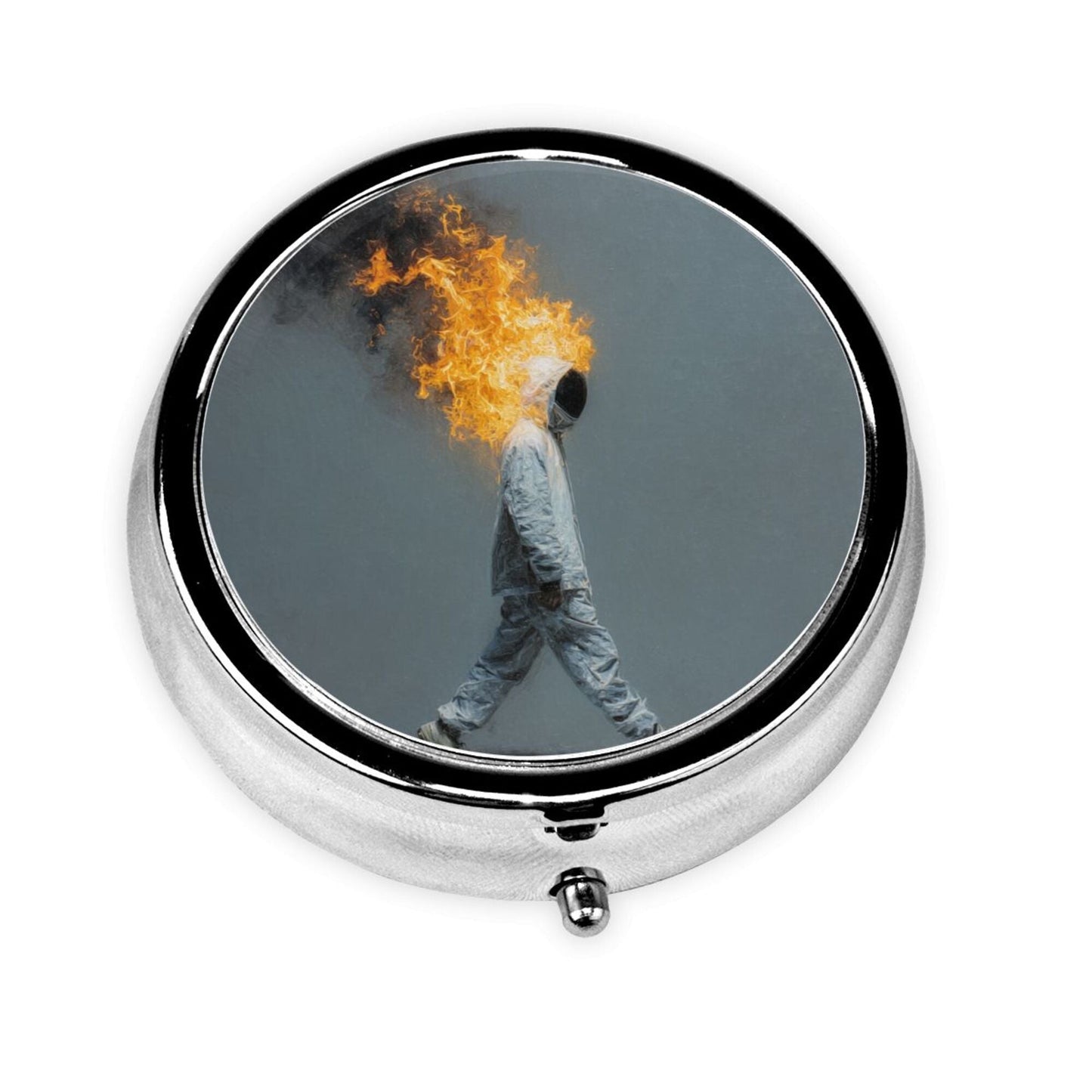 Premium Round Mini Pill Box | Durable Metal Organizer | 3-Compartment Storage | Burning Figure Art Cover | Perfect for Daily Carry, Travel, and Artistic Gift Giving